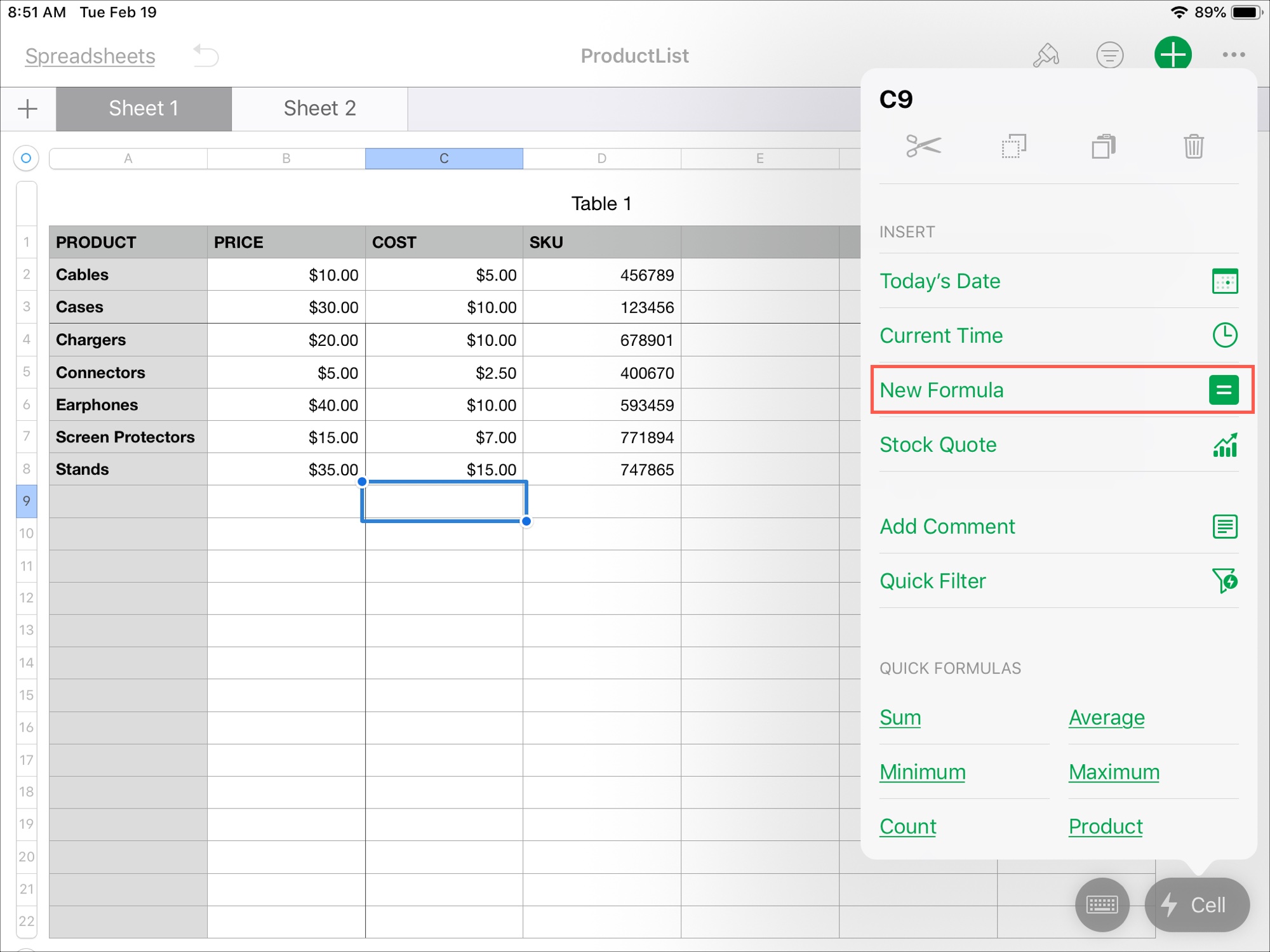 Inserisci la formula in Numbers su iPad
