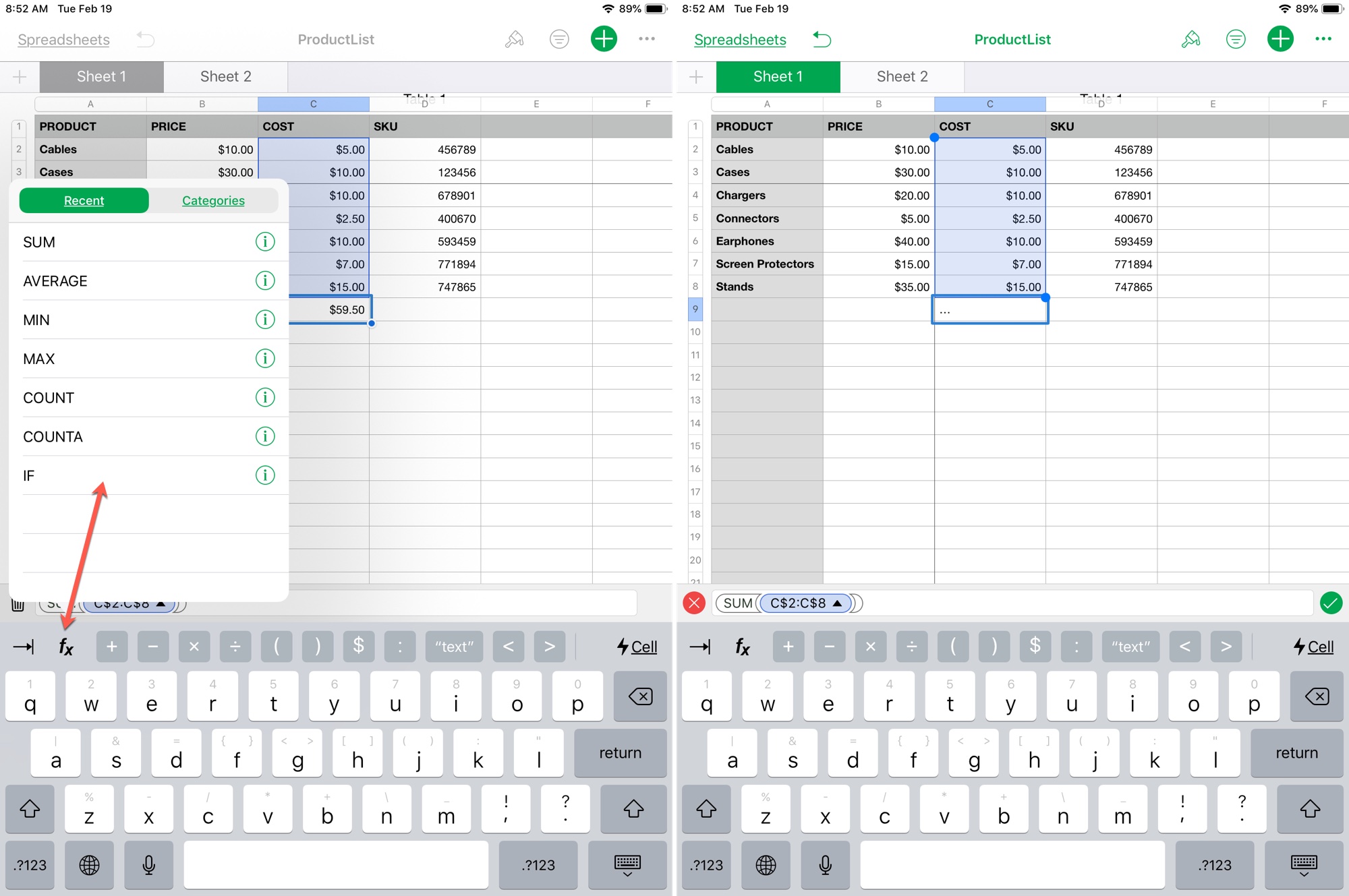 Modifica la formula in Numbers su iPad