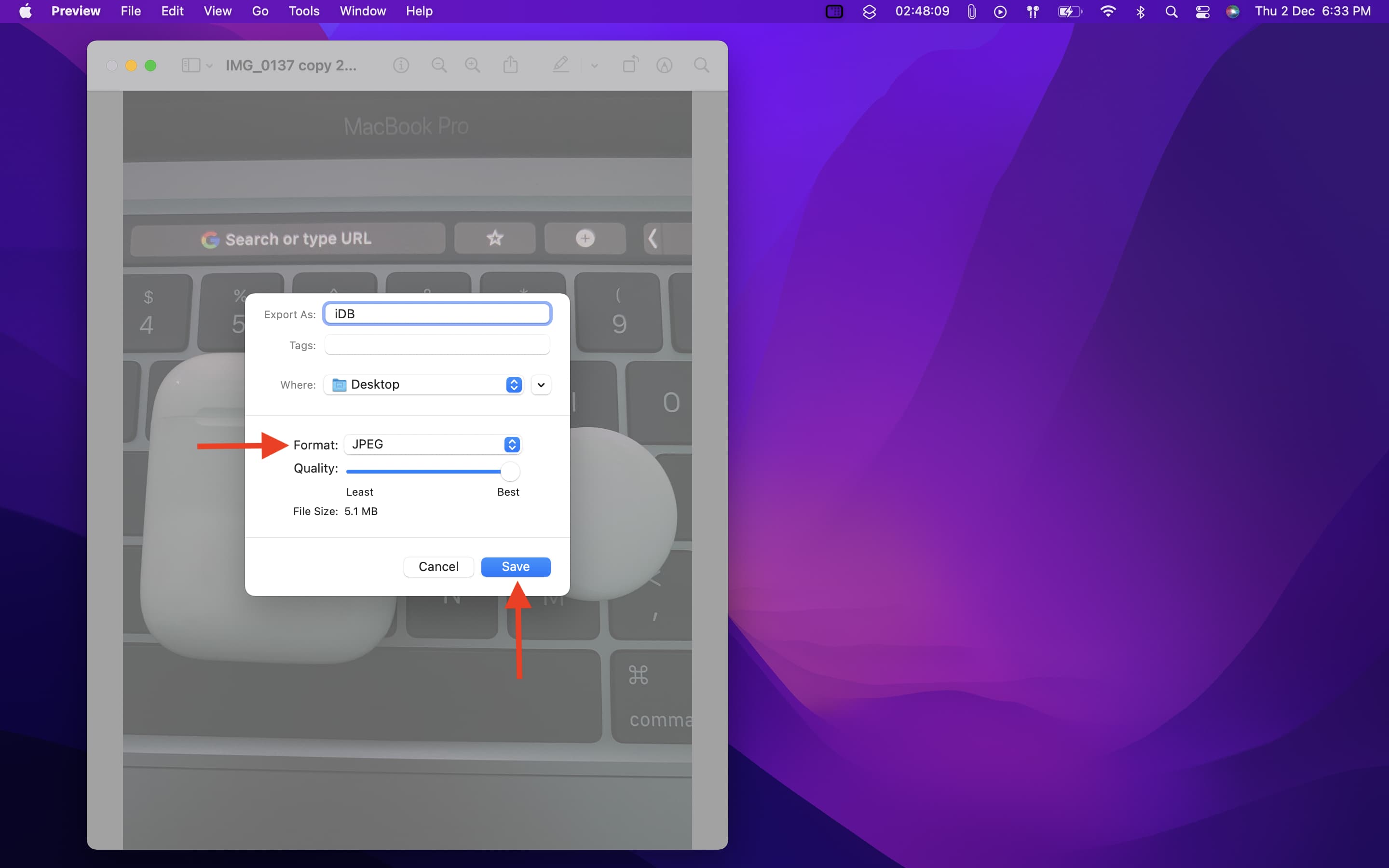 Esporta HEIC come JPEG utilizzando Anteprima su Mac