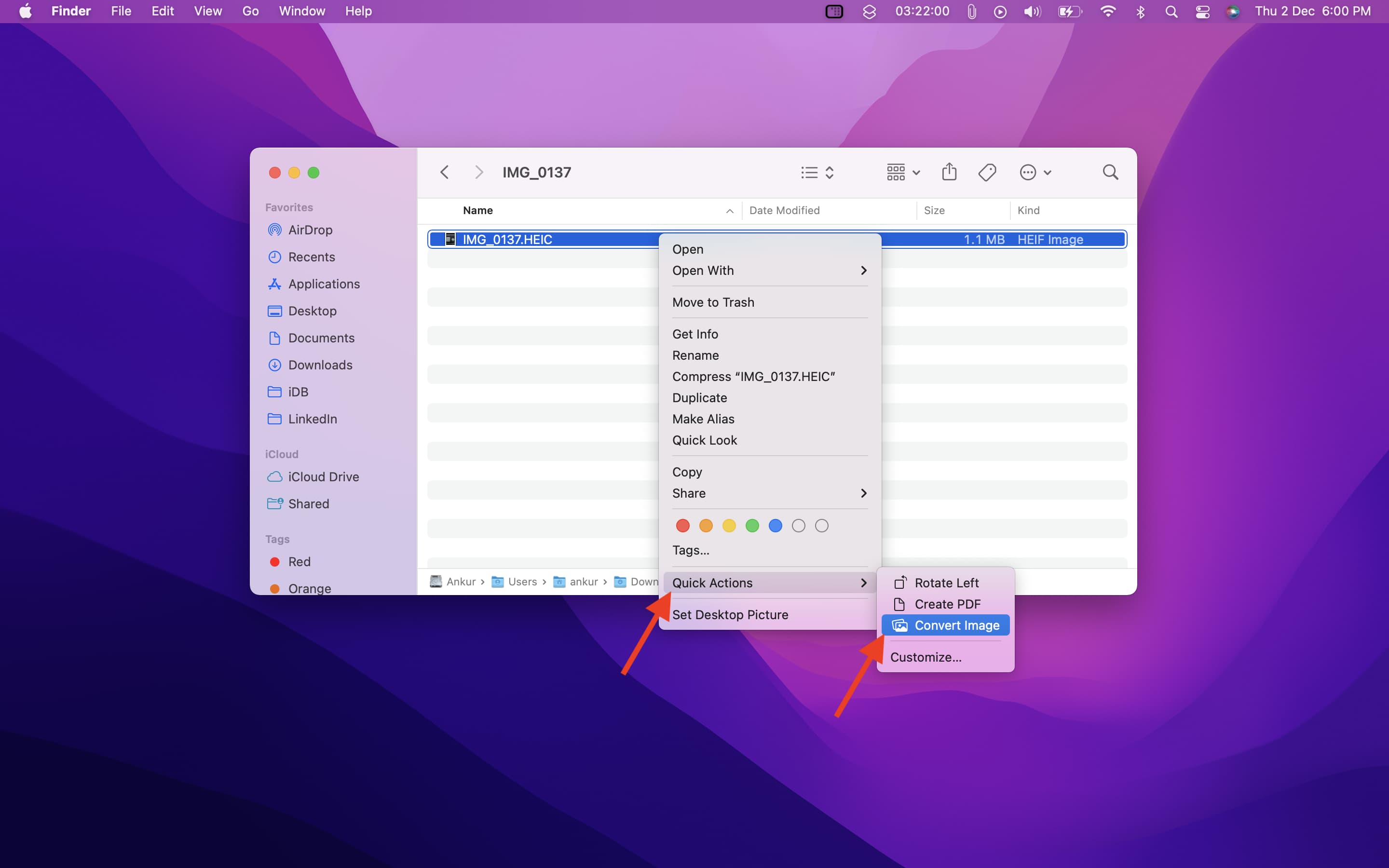 Azioni rapide Converti immagine su Mac