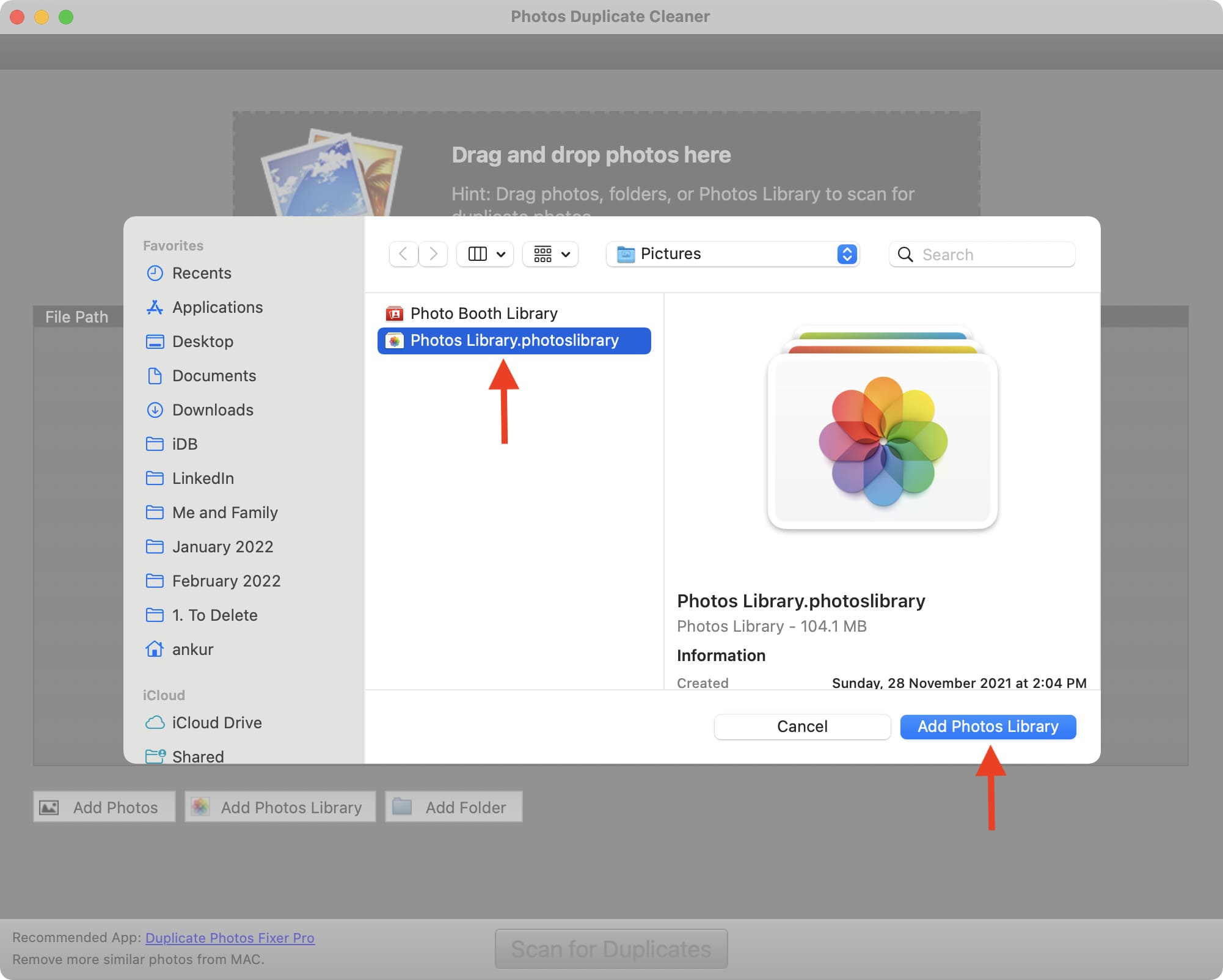 Aggiungi la tua libreria di foto all'app Foto Duplicate Cleaner