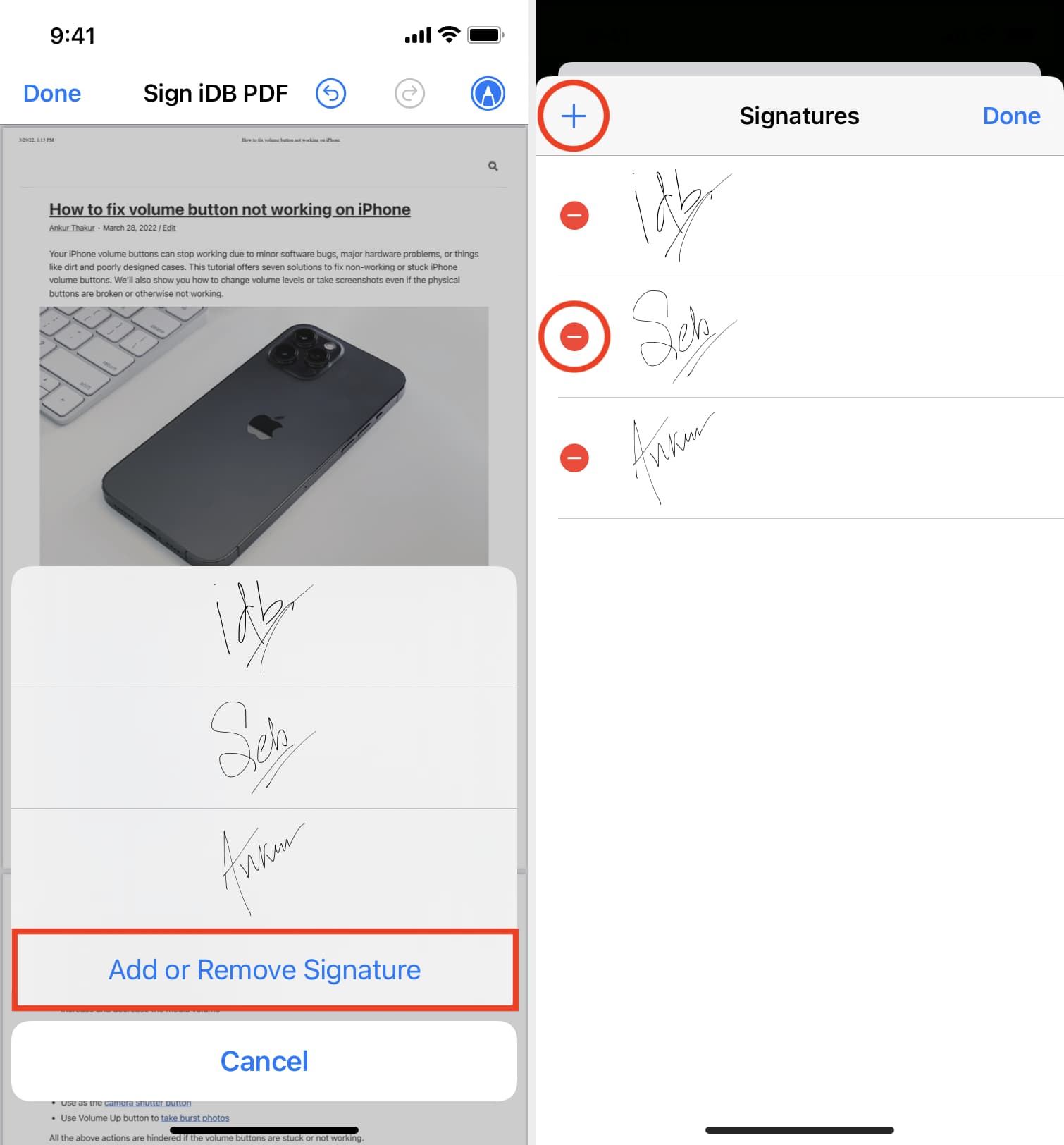 Aggiungi o rimuovi firma su iPhone