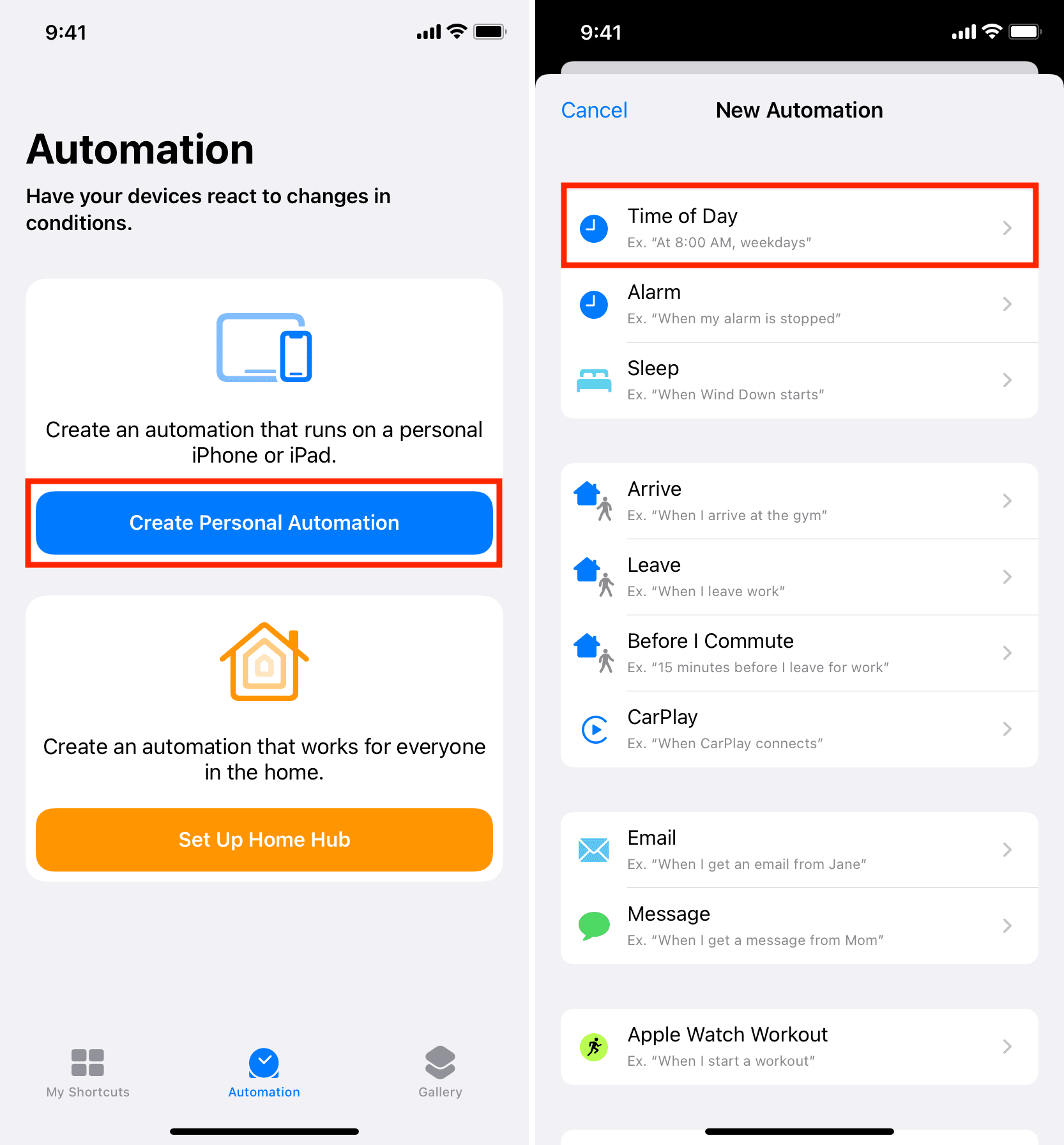 Crea automazione personale nell'app Collegamenti iPhone