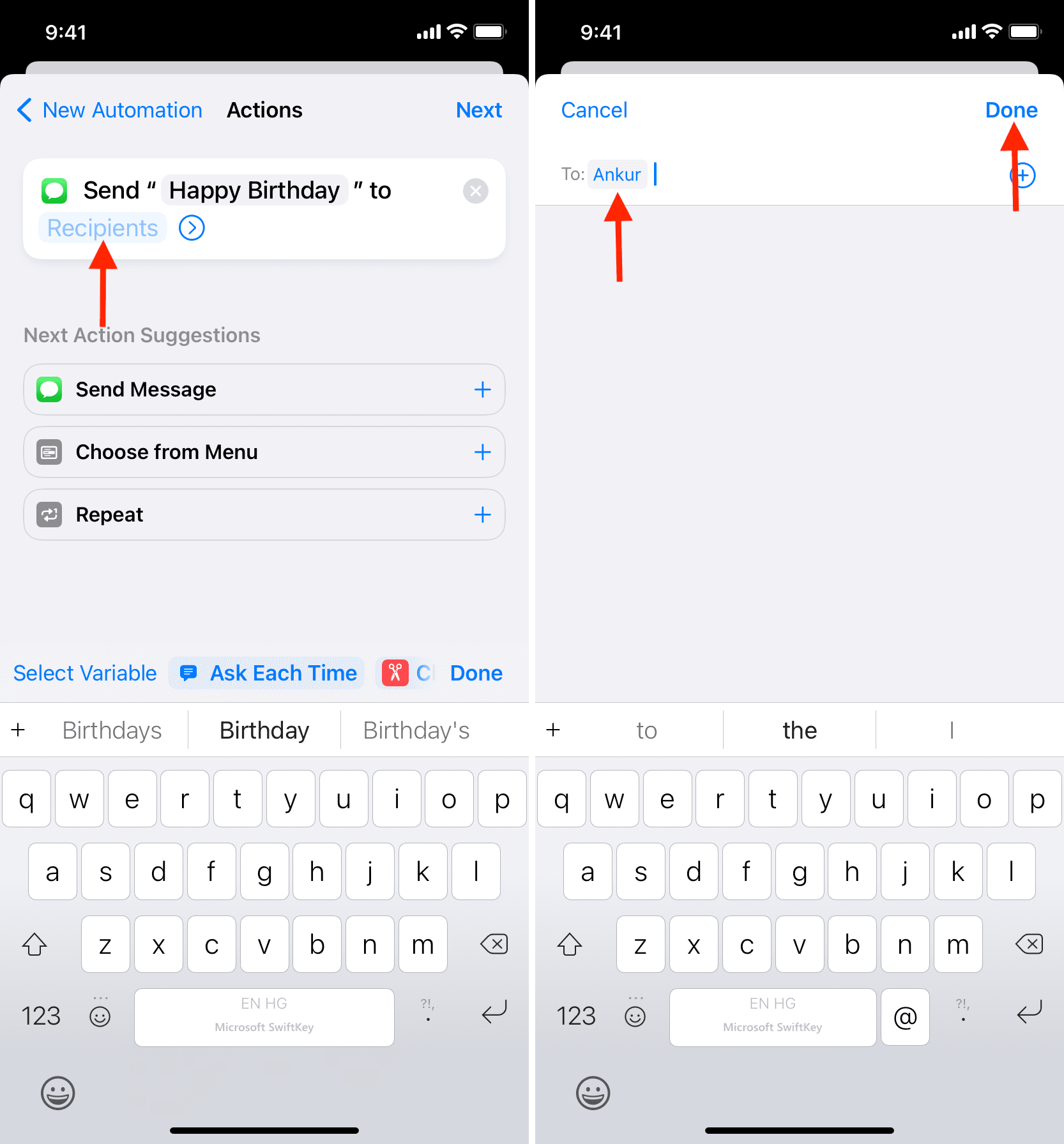 Inserisci il destinatario per il tuo SMS programmato, SMS o iMessage su iPhone