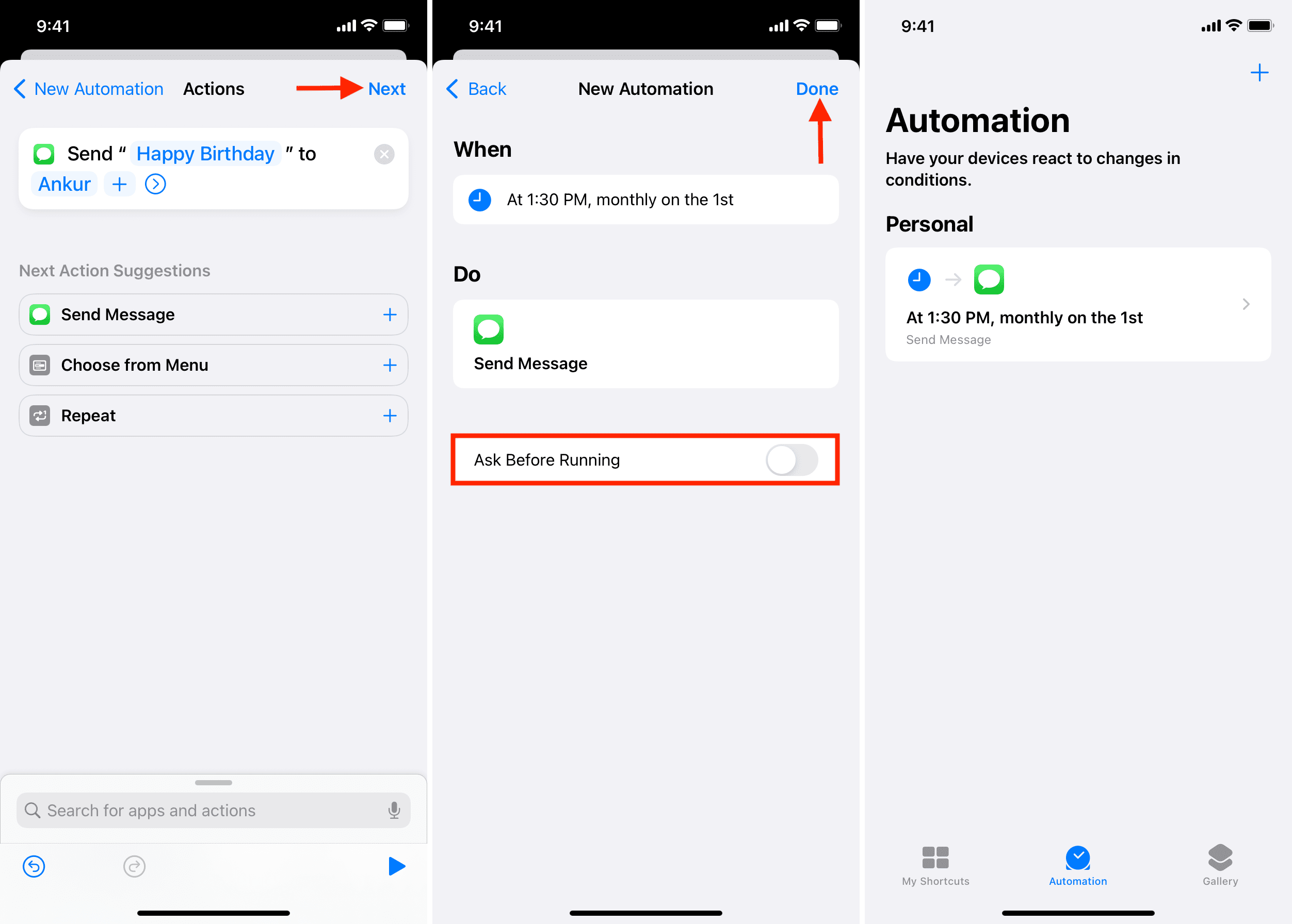 Automazione dei messaggi programmata creata con successo su iPhone