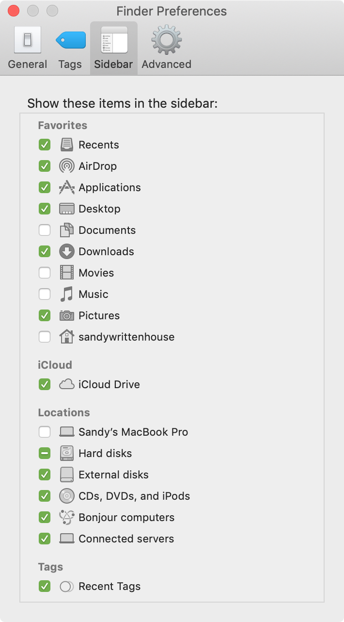 Preferenze della barra laterale del Finder su Mac