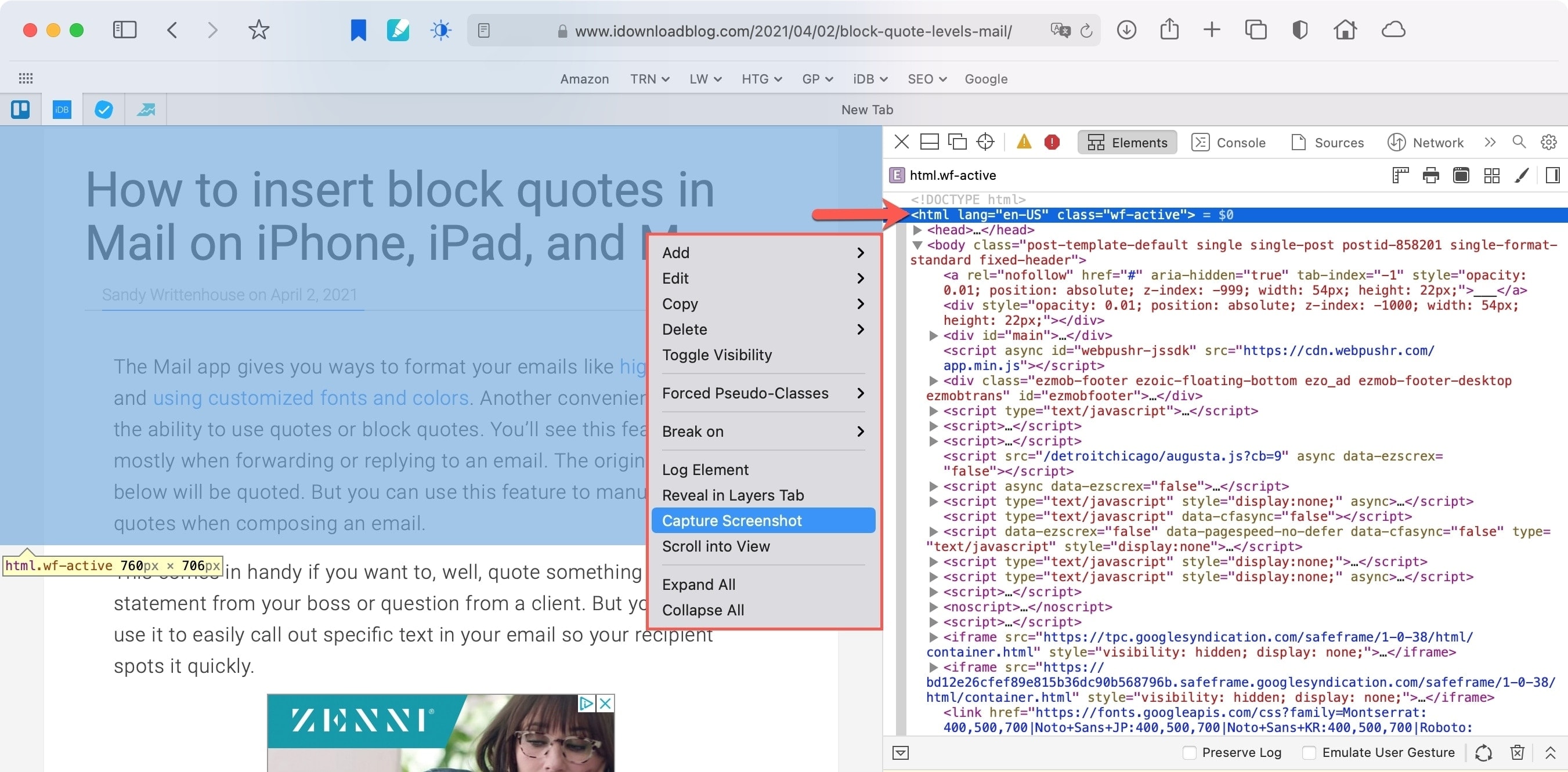 Safari Web Inspector Acquisisci uno screenshot su Mac