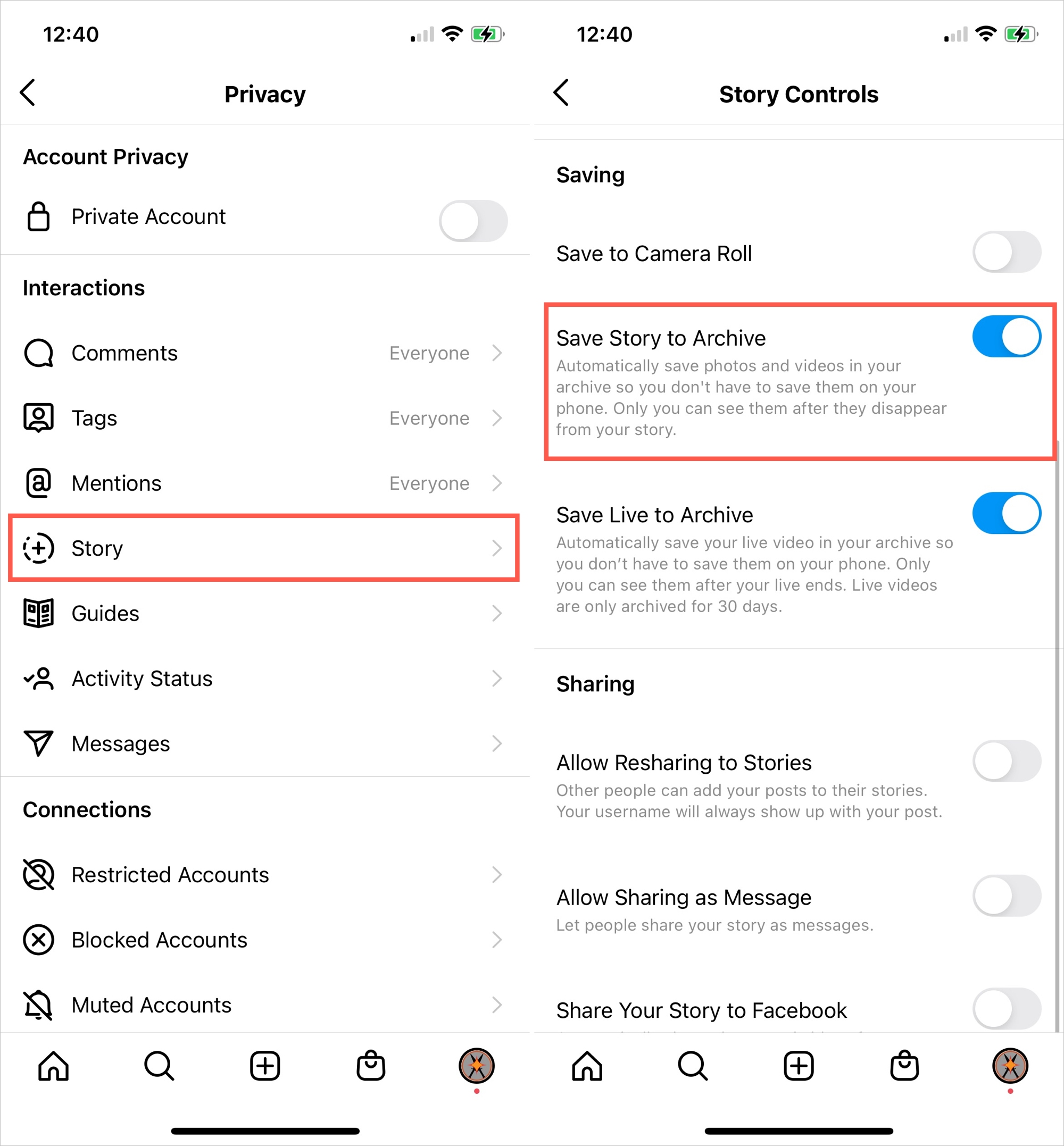 Salva una storia da archiviare su Instagram