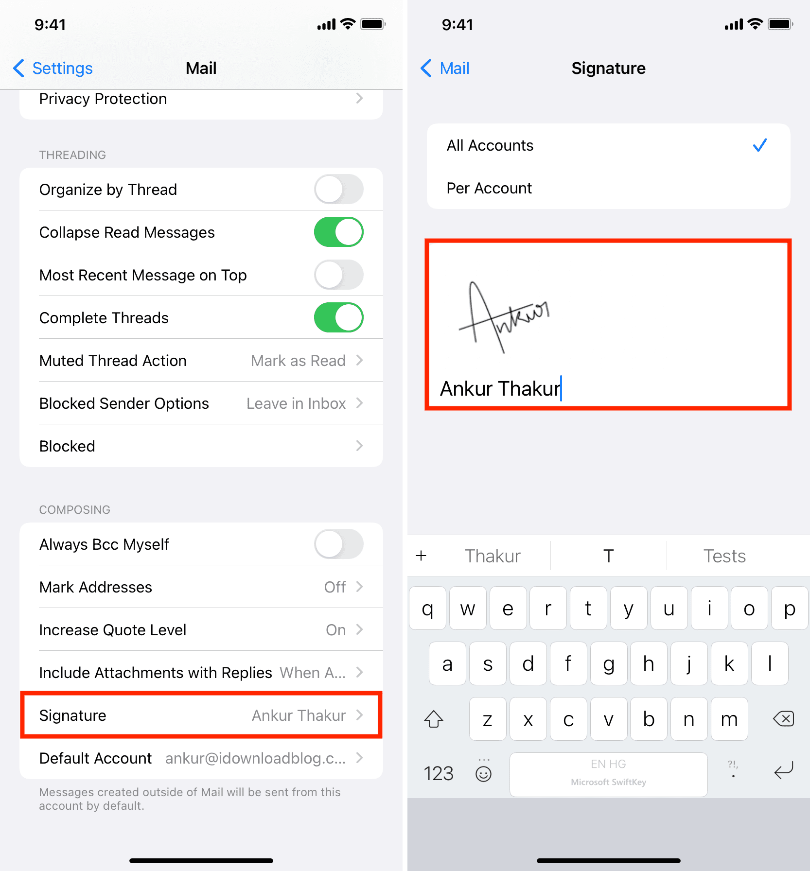 Incolla la firma dell'immagine scritta a mano nelle impostazioni dell'app Mail su iPhone
