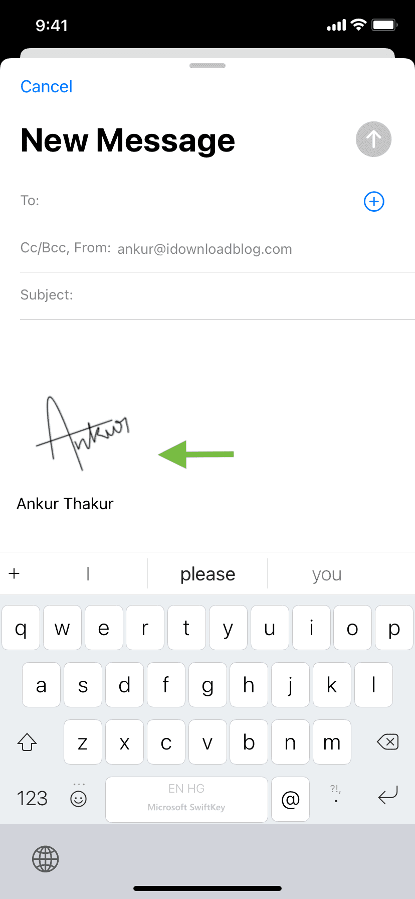 Firma e-mail scritta a mano nell'app Mail di iOS