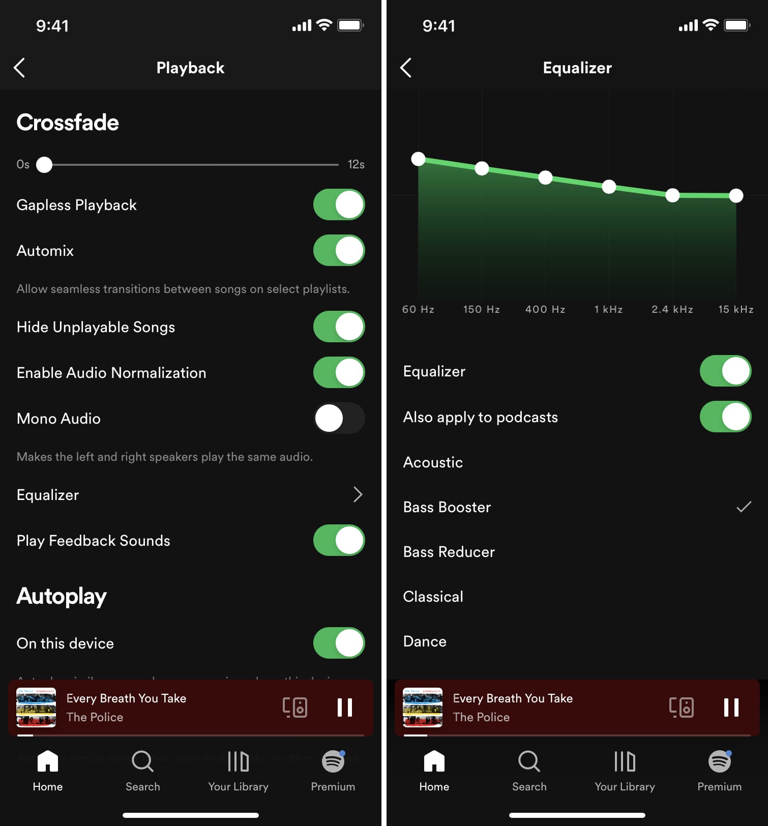 Impostazioni Bass Booster in Spotify su iPhone