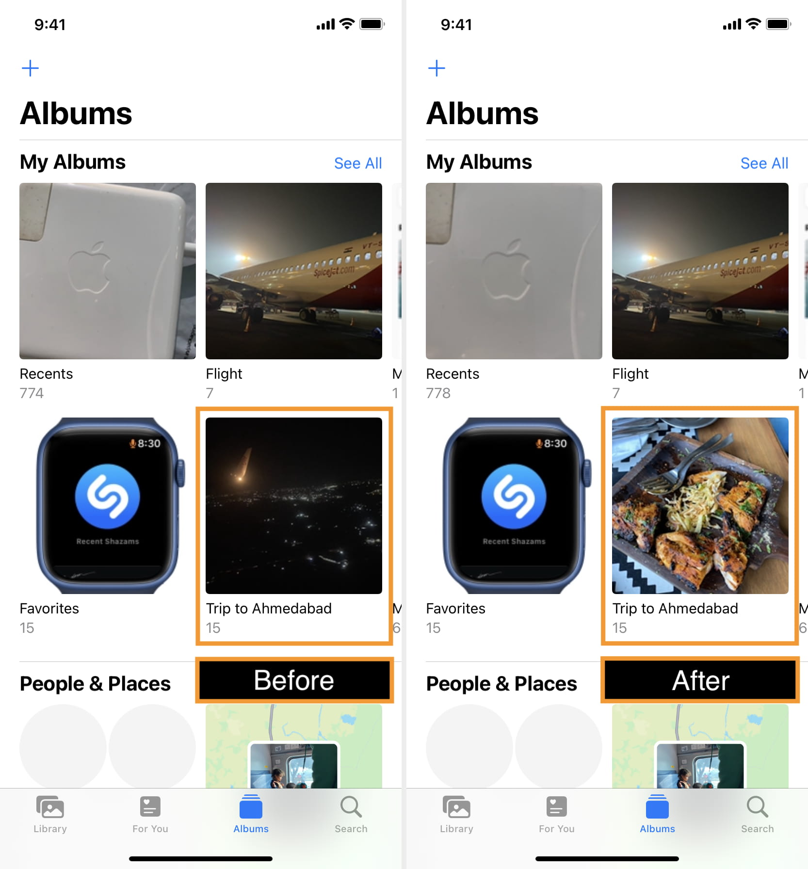 Prima e dopo la modifica della copertina dell'album nell'app Foto di iPhone