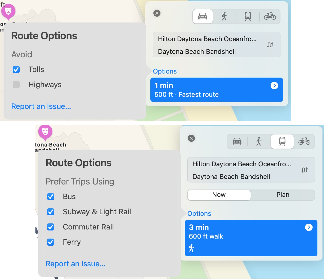 Opzioni di percorso delle mappe su Mac