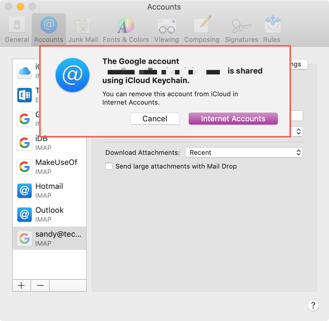 Elimina l'account e-mail dagli account Internet su Mac