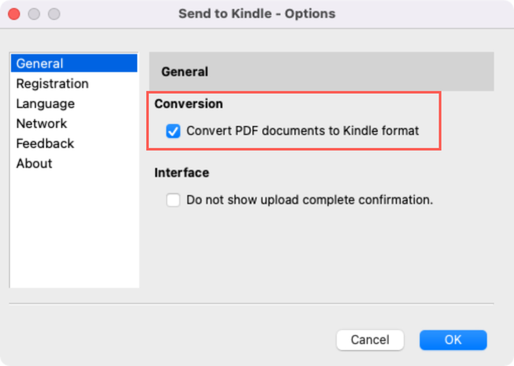 Invia a Kindle Converti l'opzione PDF