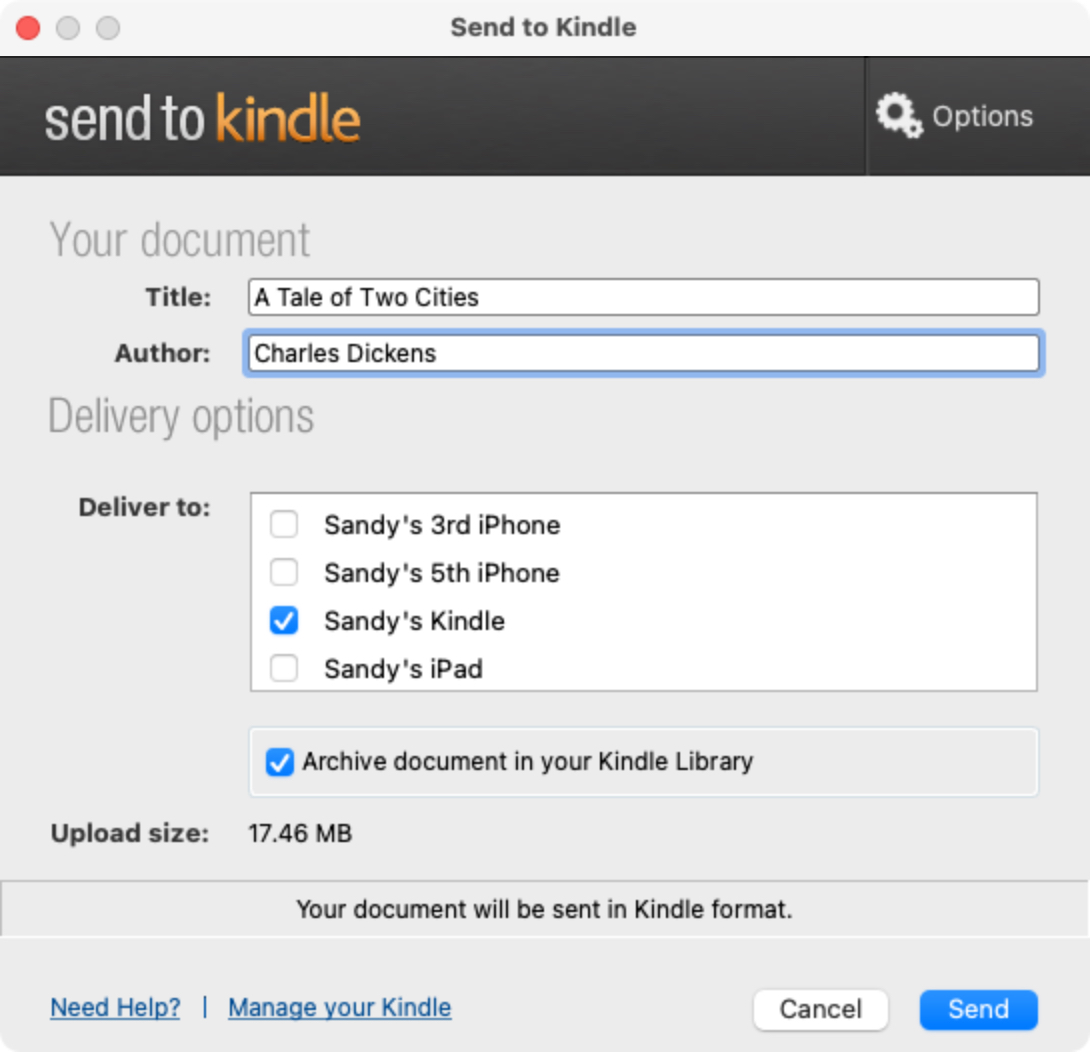Invia all'app Kindle su Mac