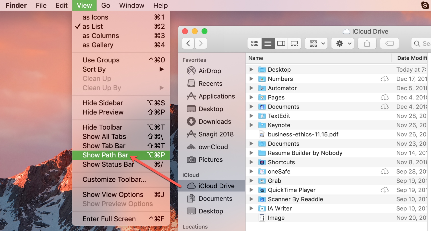 Finder iCloud Drive Mostra la barra del percorso Mac