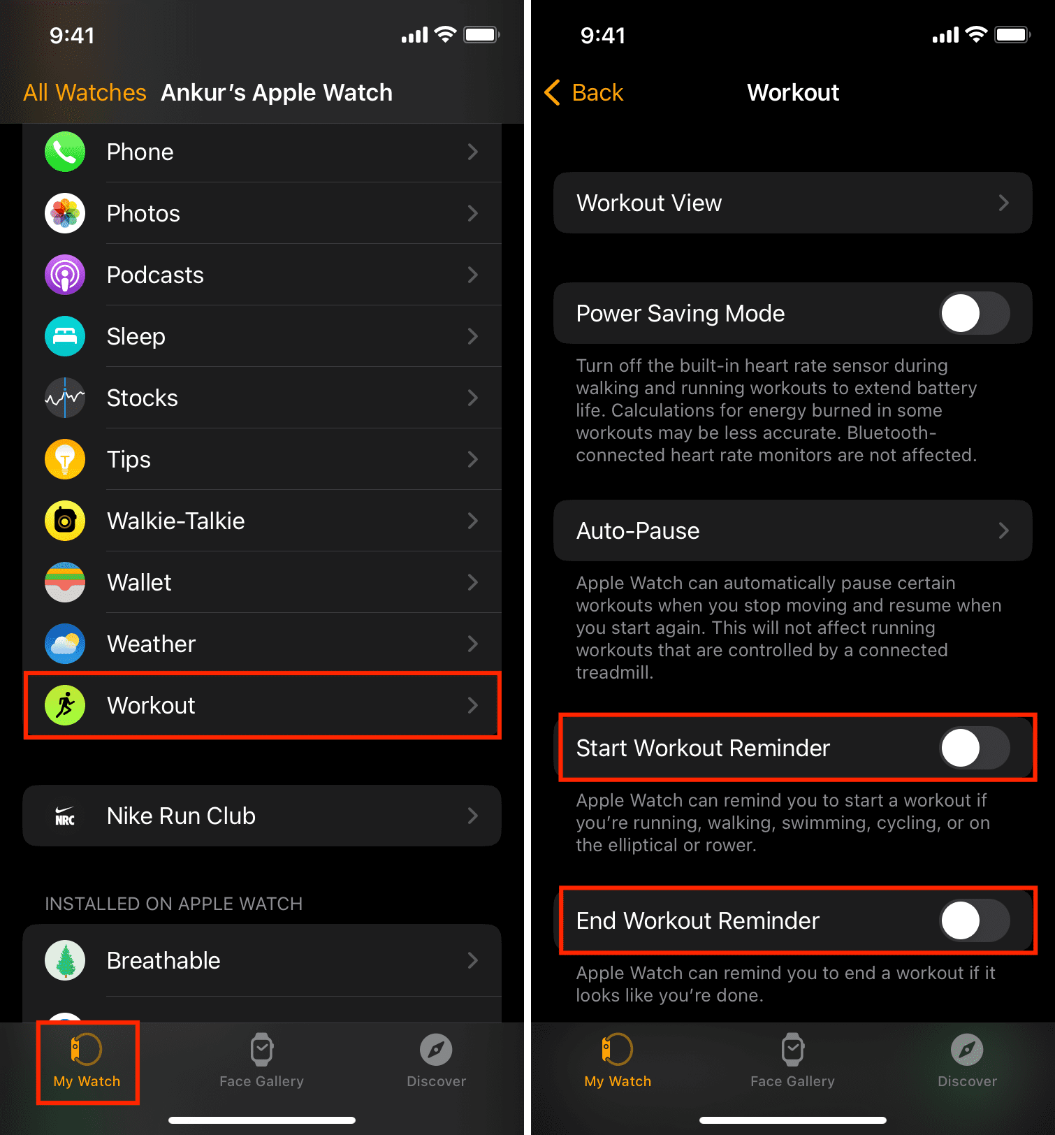 Avvia e termina le impostazioni del promemoria dell'allenamento nell'app iOS Watch