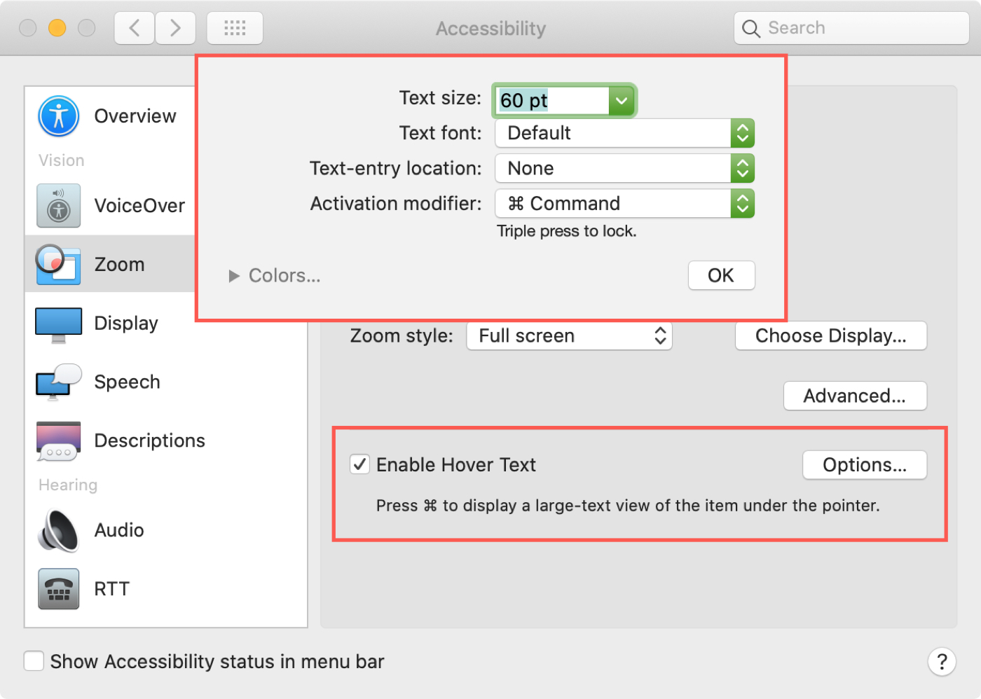 Accessibilità Mac Abilita le opzioni di testo al passaggio del mouse