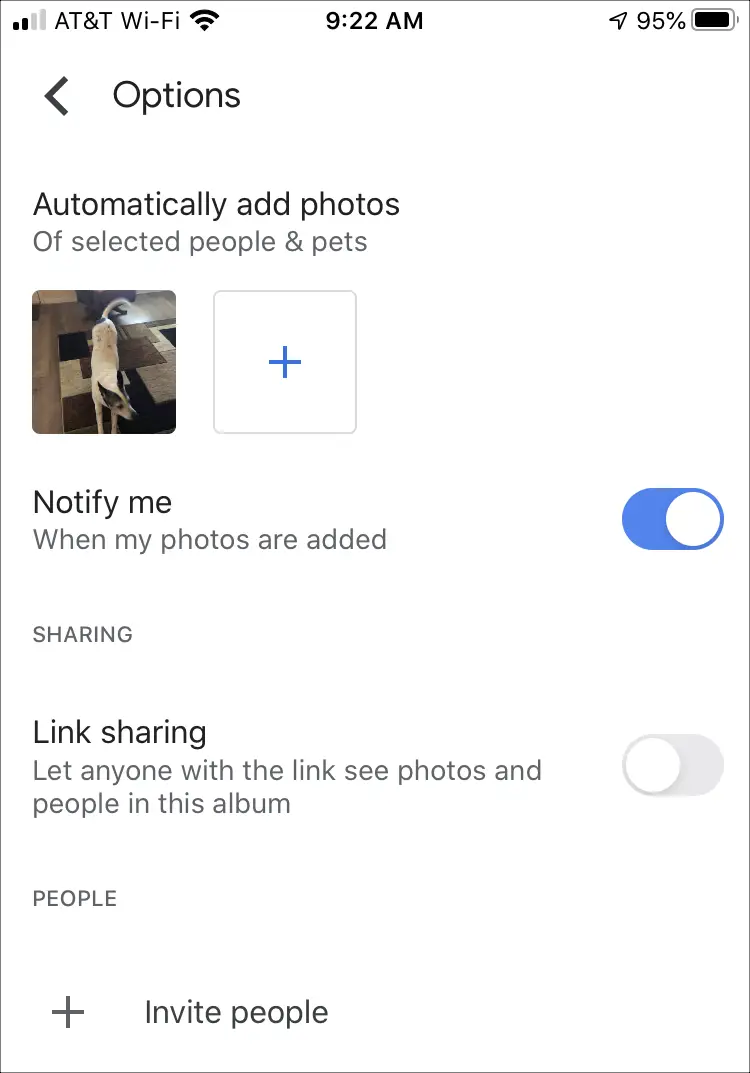 Opzioni dell'album di aggiornamento automatico di Google Foto iPhone