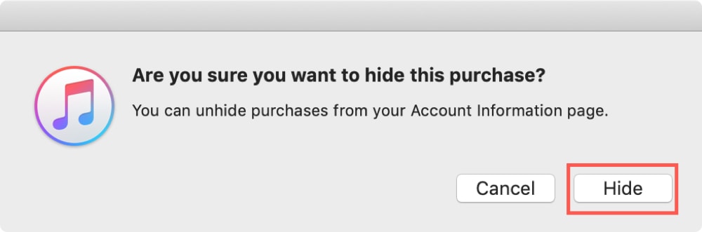 Conferma Nascondi acquisti iTunes su Mac
