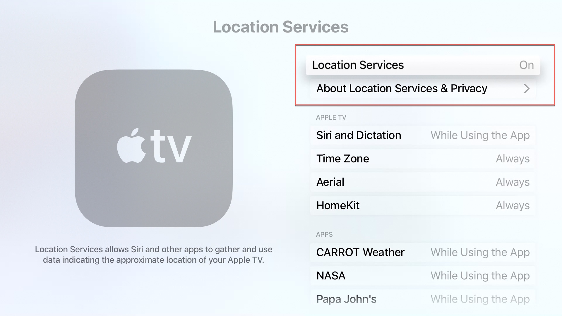 Servizi di localizzazione Apple TV in alto
