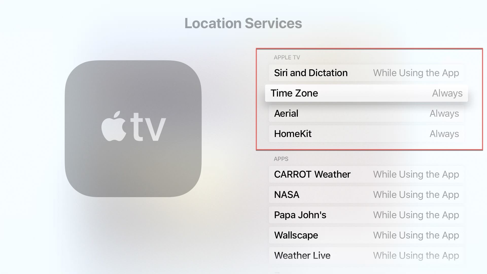 Servizi di localizzazione di Apple TV Opzioni di Apple TV