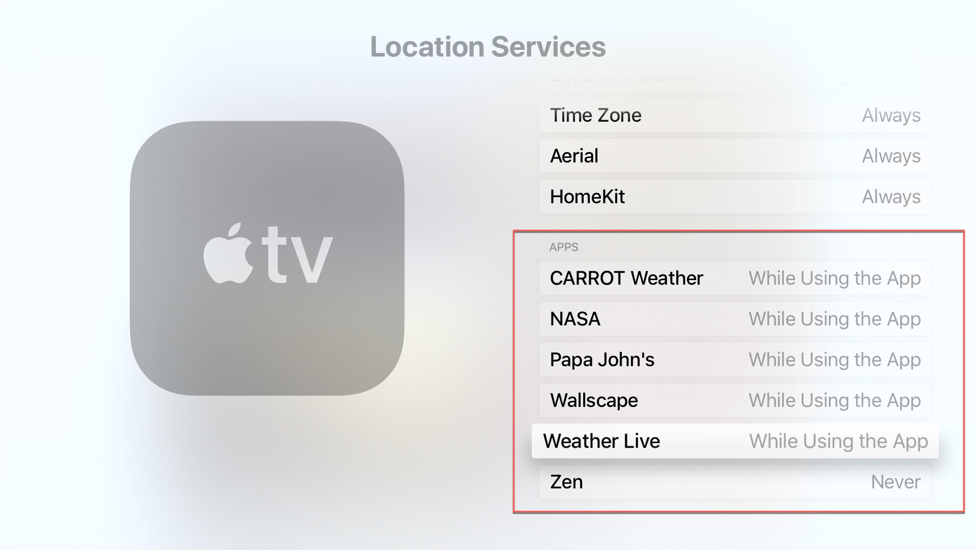 App dei servizi di localizzazione di Apple TV