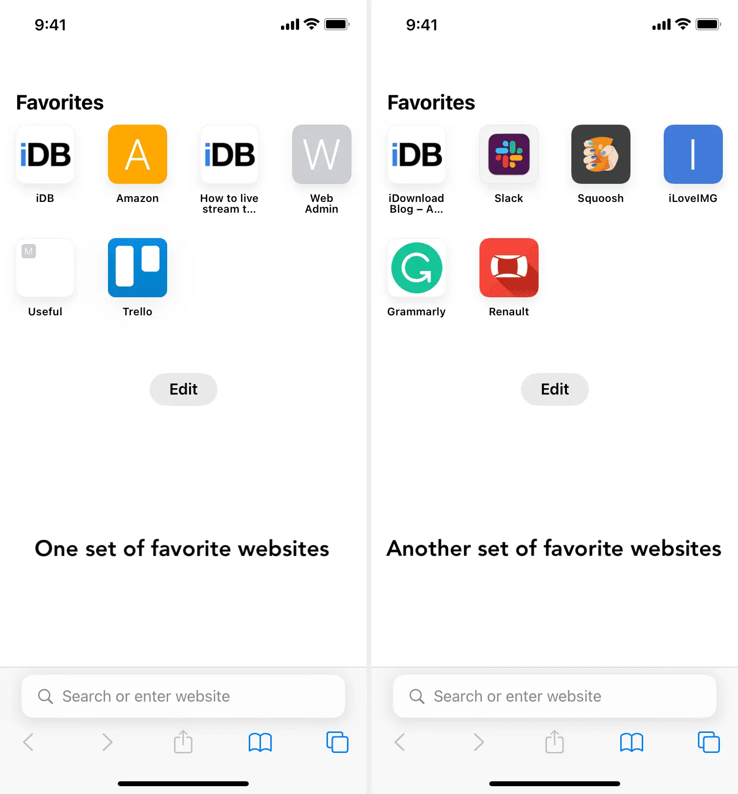 Due set di Preferiti nella pagina iniziale di Safari su iPhone