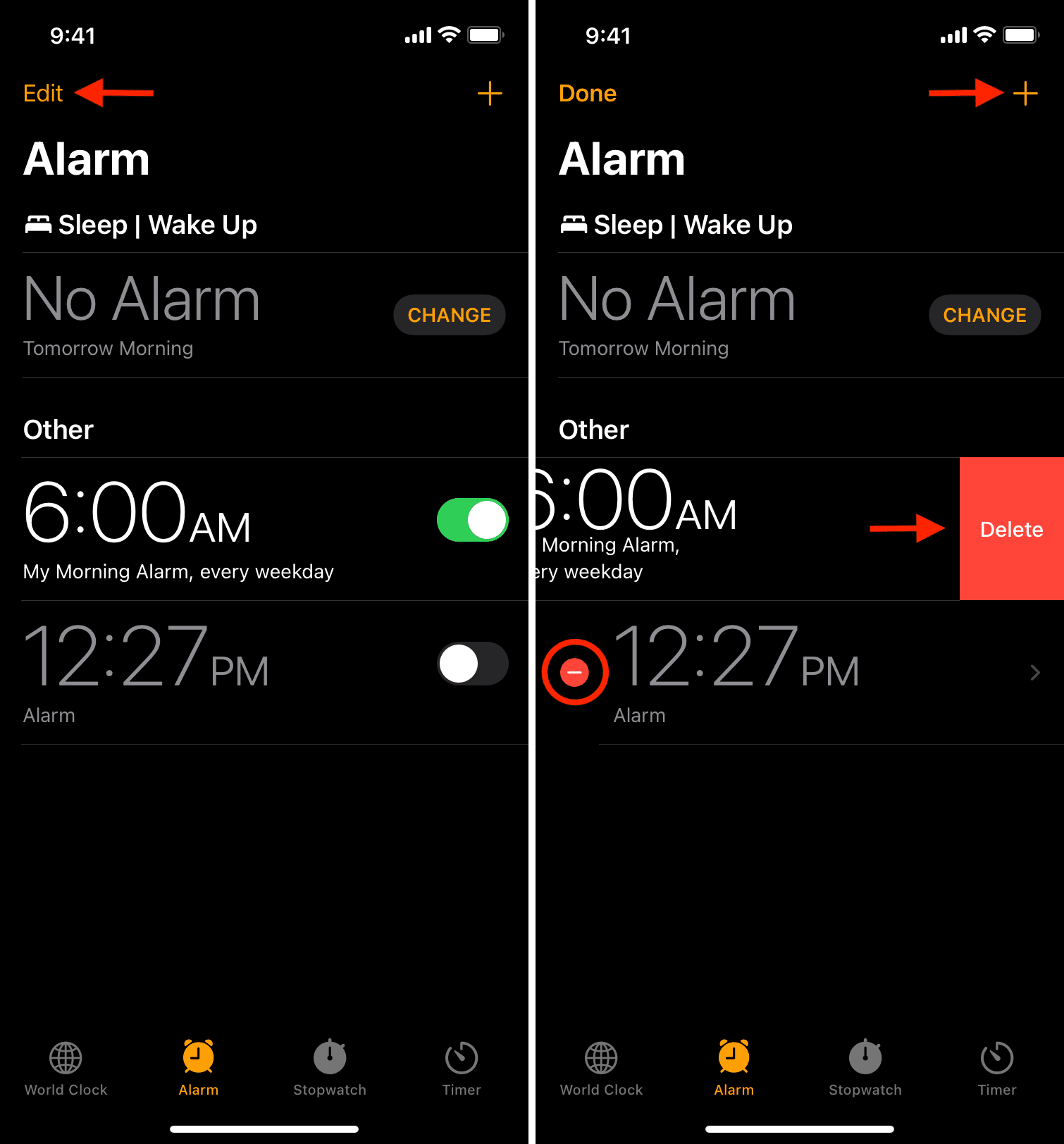 Elimina le sveglie e aggiungi una nuova sveglia su iPhone