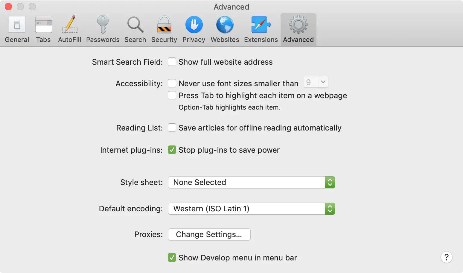 Scheda Avanzate Mostra menu sviluppatore Safari