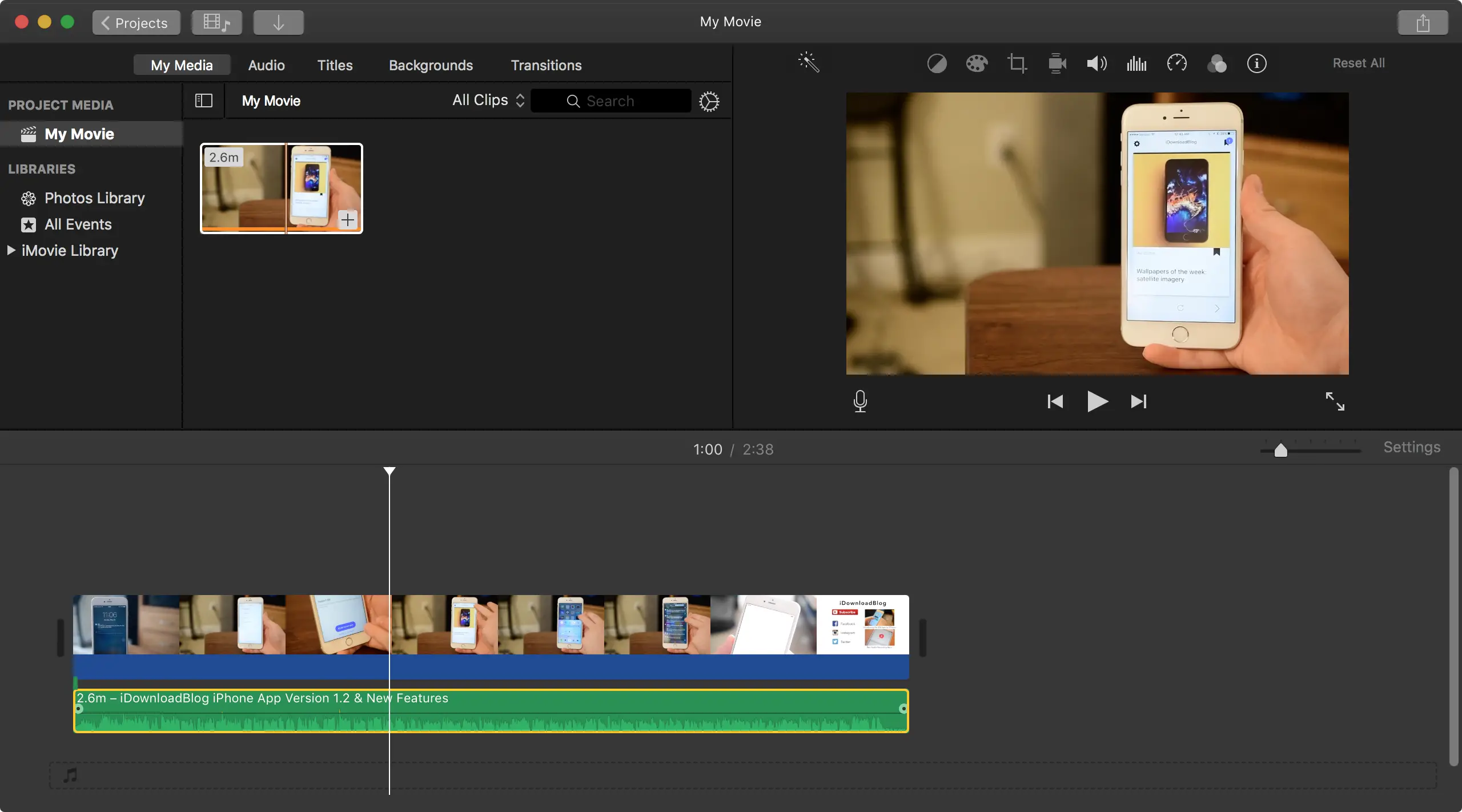 Clip audio verde staccata in iMovie