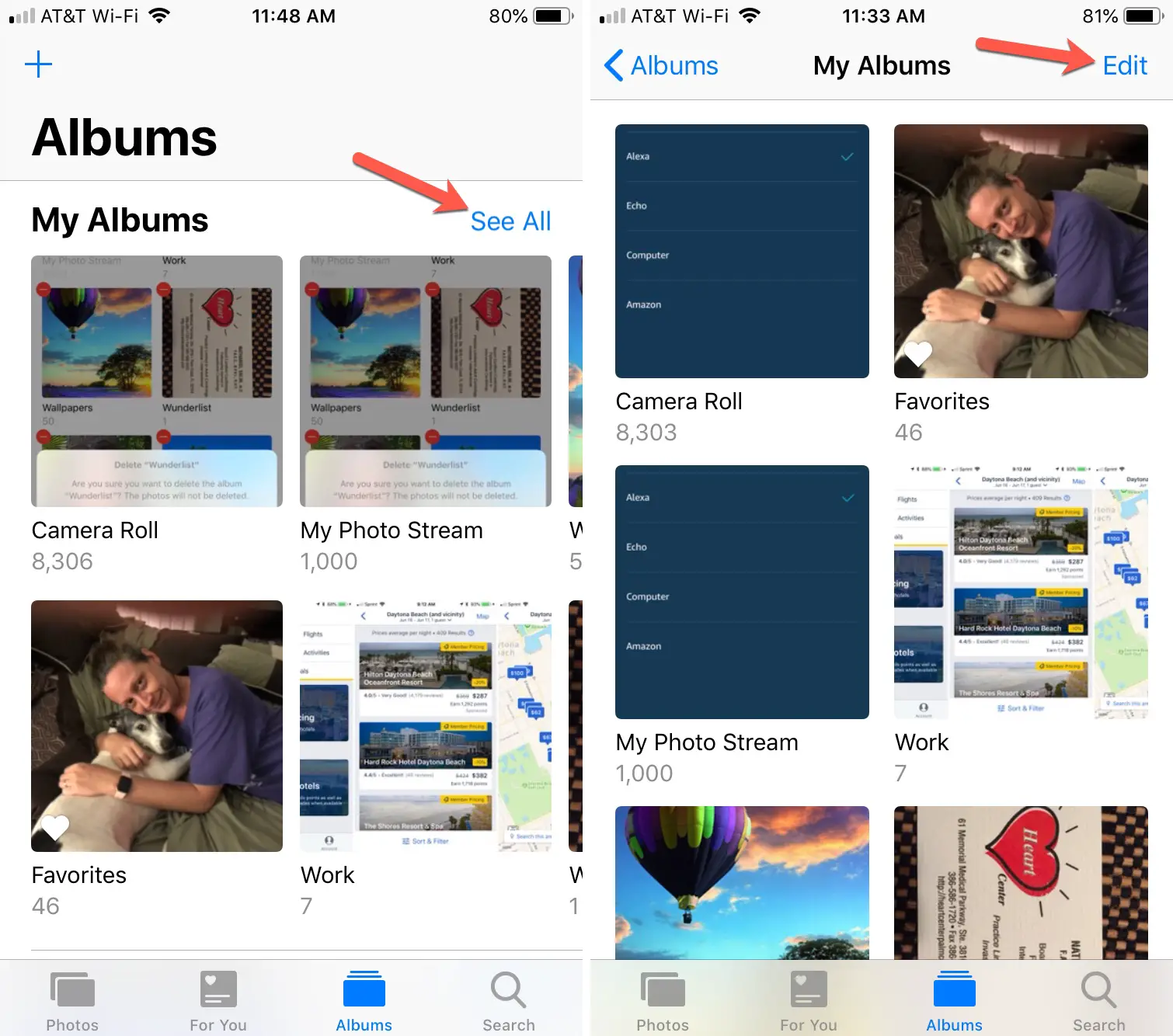 Vedi Tutti gli album e tocca Modifica per eliminarlo su iPhone