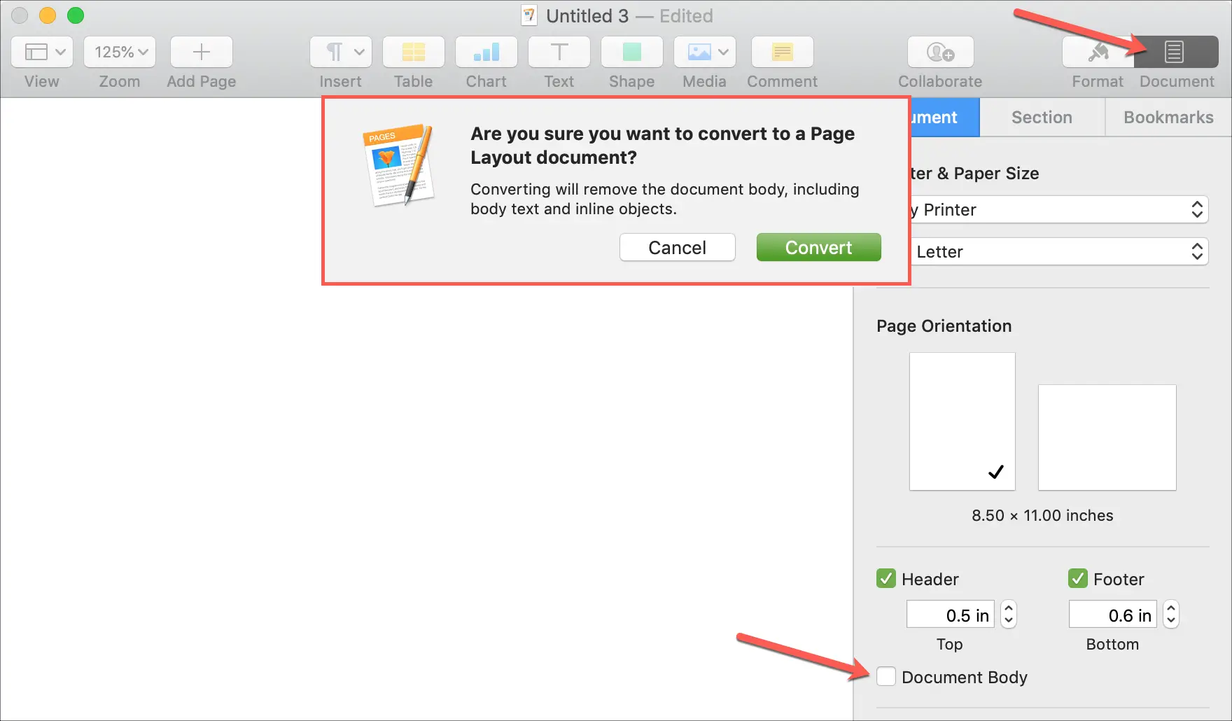 Converti in pagine Mac per documenti con layout di pagina