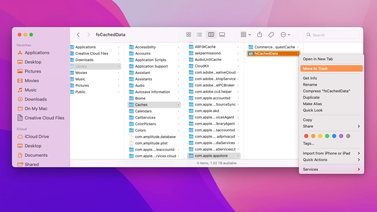 Uno screenshot per Mac di una finestra del Finder in macOS Monterey con la cartella della cache dell'App Store