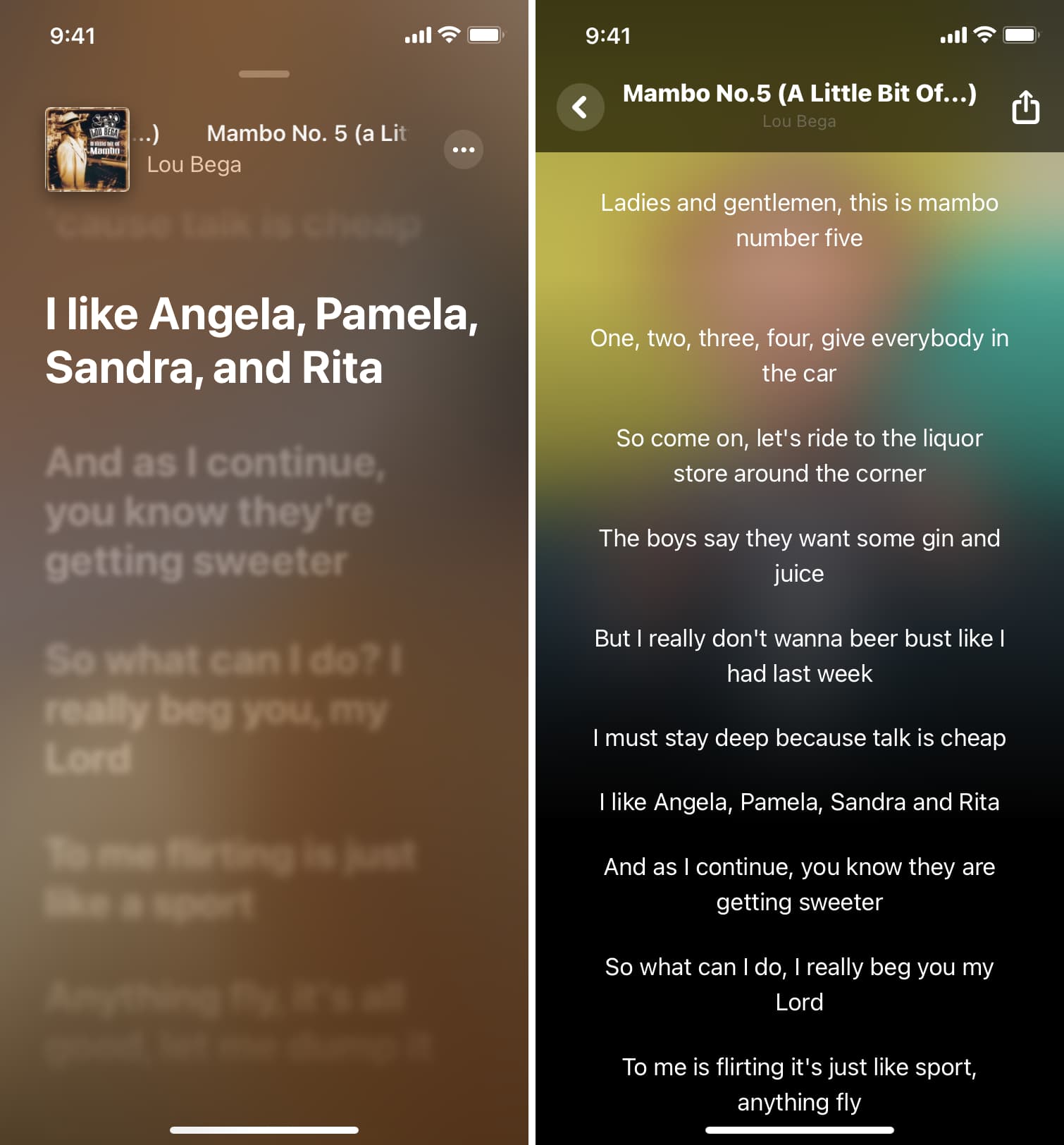 Testi evidenziati nelle app Apple Music e Shazam