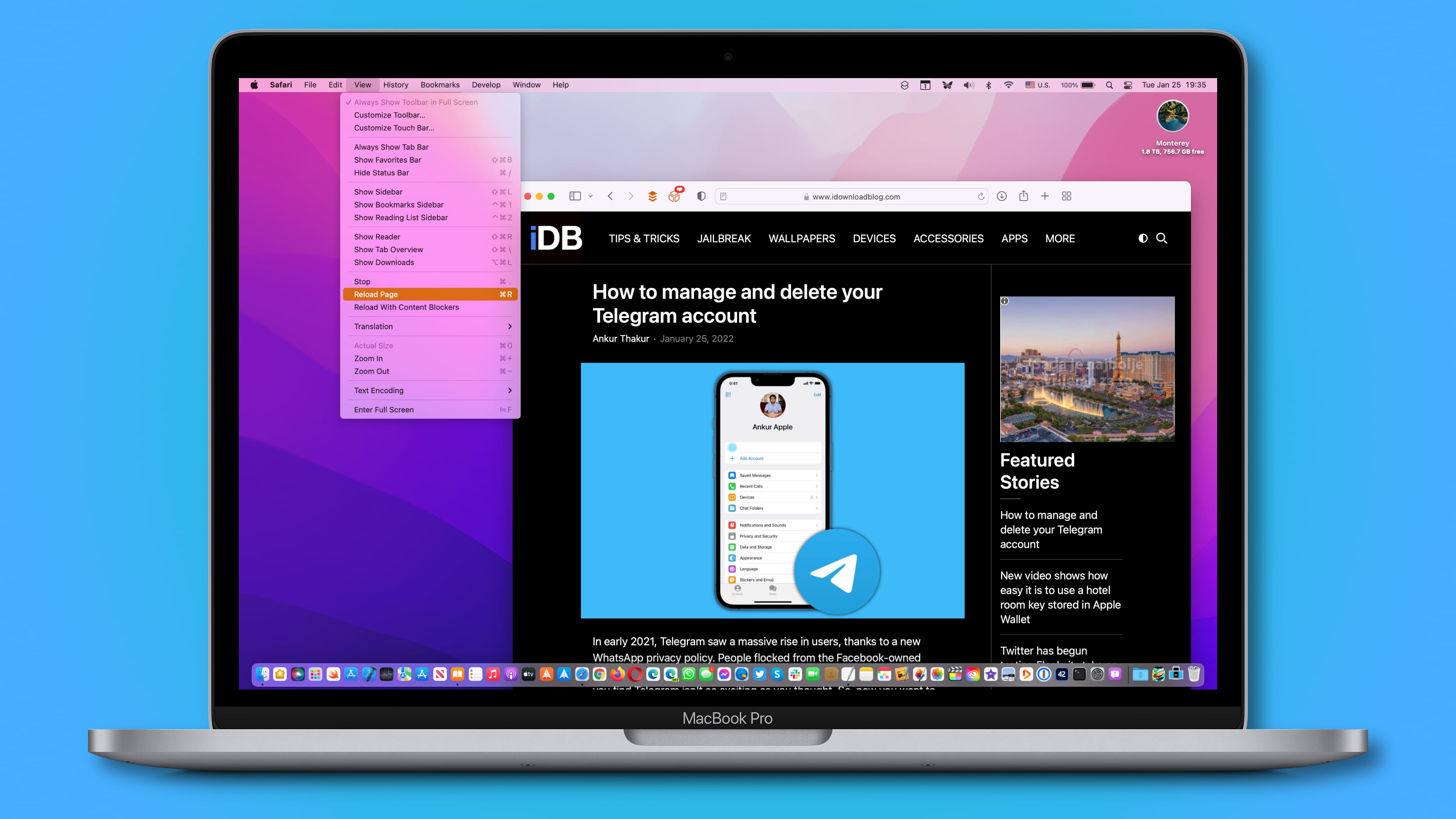 Screenshot del dispositivo MacBook Pro che mostra Safari su macOS Monterey con l'opzione Ricarica pagina evidenziata nel menu Visualizza