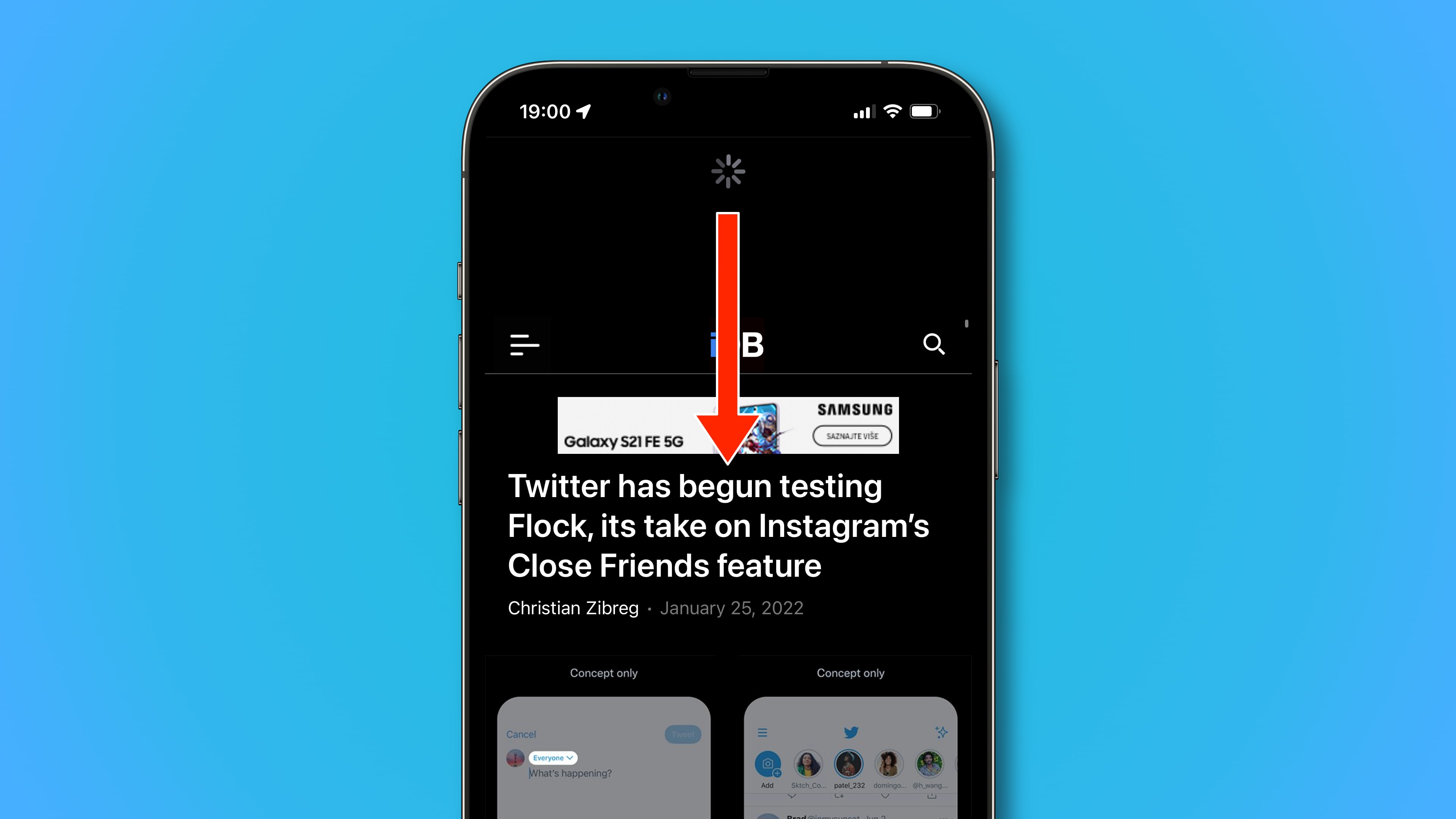 Screenshot del dispositivo iPhone impostato su uno sfondo sfumato azzurro, che illustra la discesa per aggiornare una pagina Web in Safari