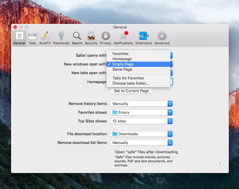 OS X El Capitan Safari Preferenze Generale Nuova finestra Apri con Mac screenshot 009