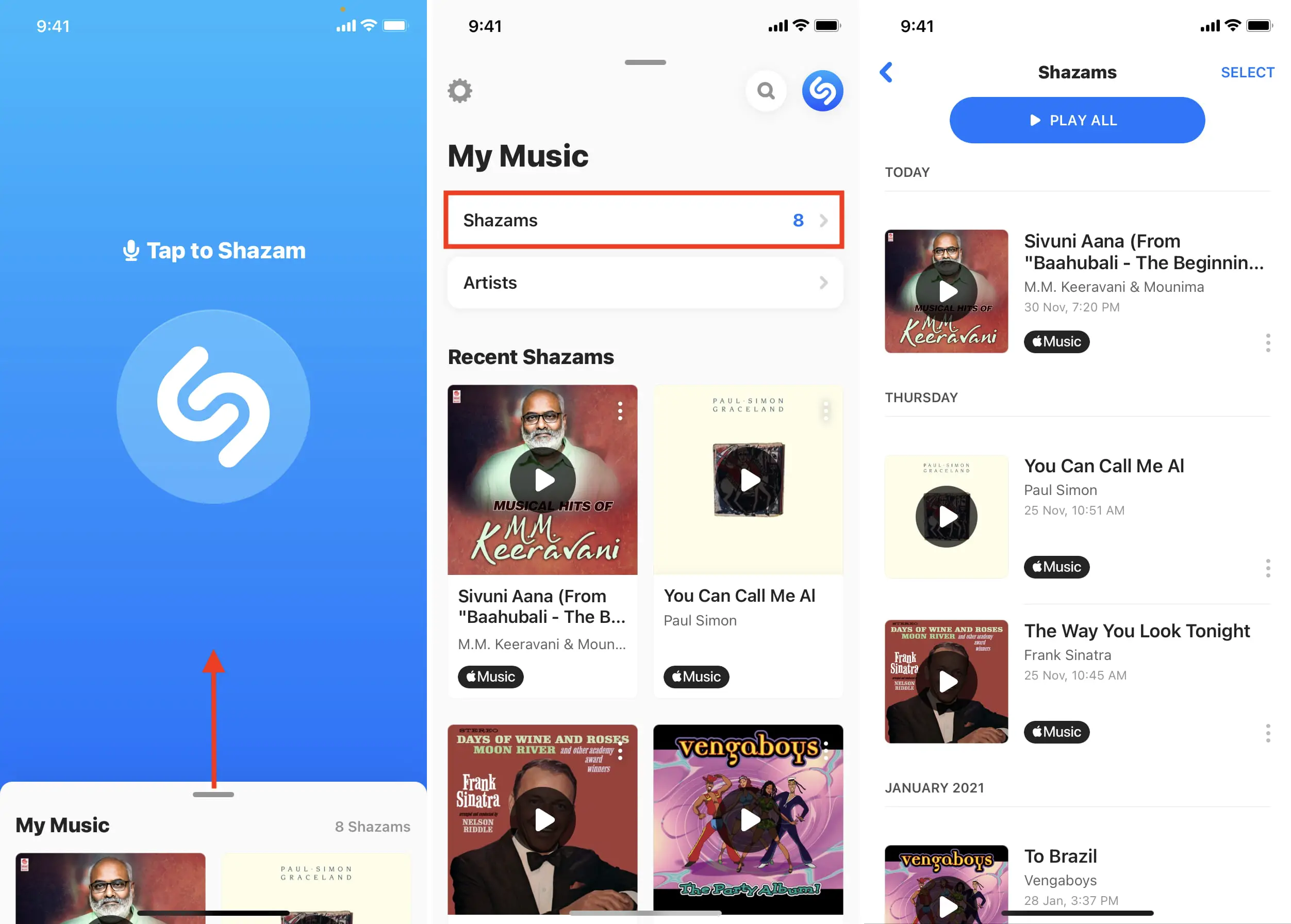 Storia delle canzoni di Shazam nella sua app ufficiale