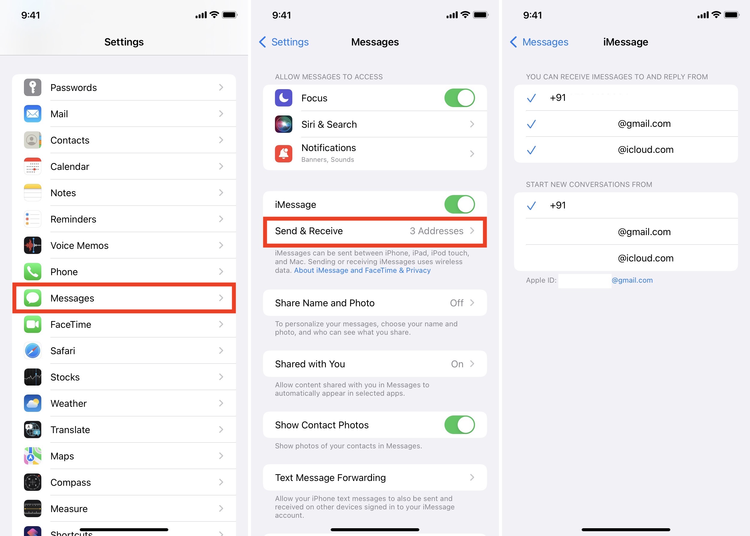 Impostazioni dei messaggi di iPhone che mostrano l'invio e la ricezione di e-mail e telefono