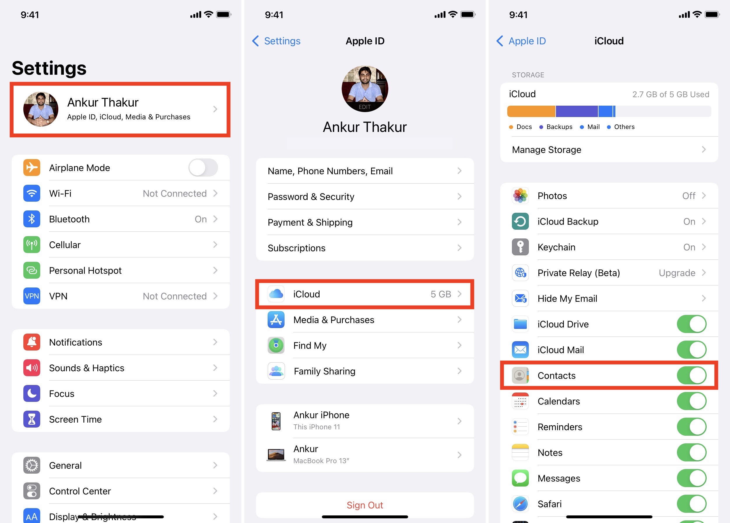 In Impostazioni iPhone tocca il tuo nome iCloud e abilita Contatti