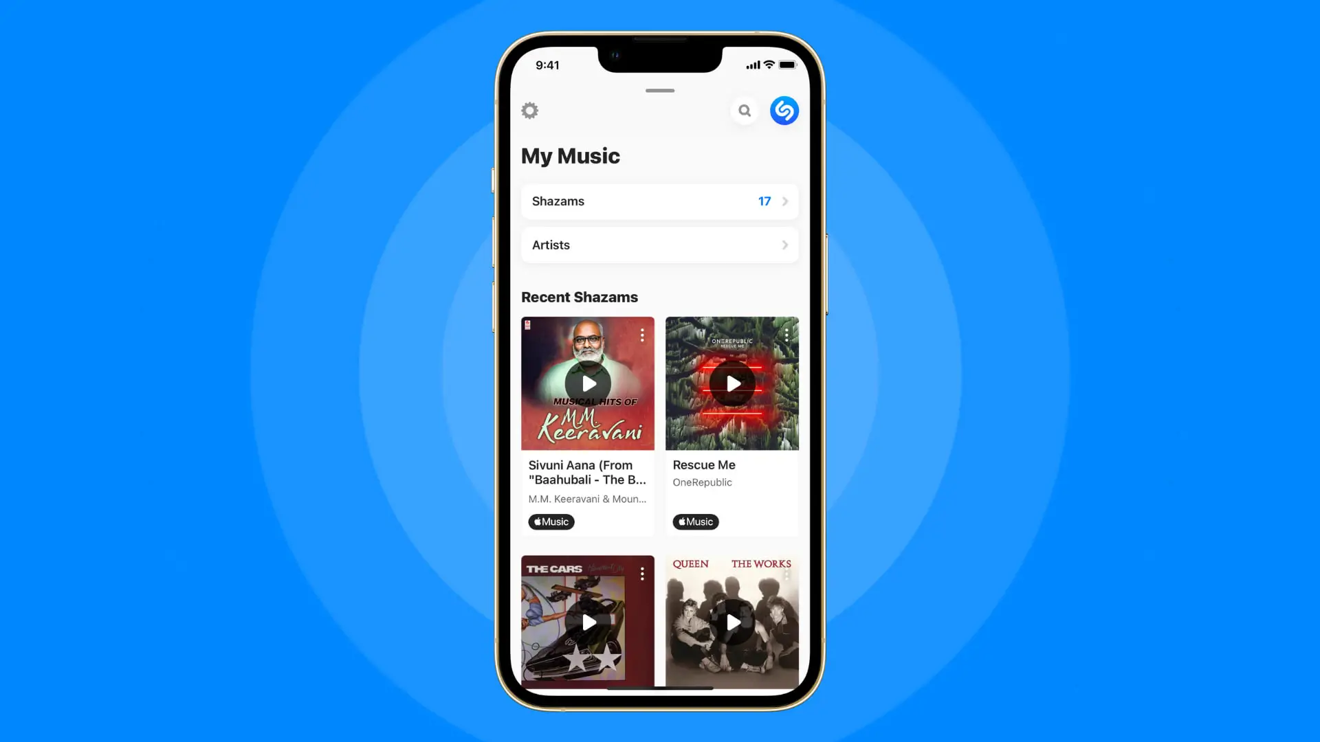 Cronologia delle canzoni Shazamed su iPhone su sfondo blu