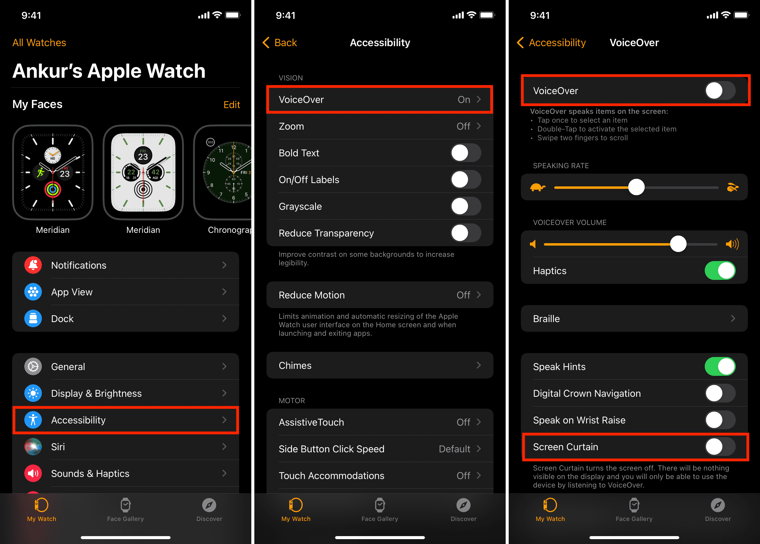Disattiva VoiceOver e Tenda schermo su Apple Watch