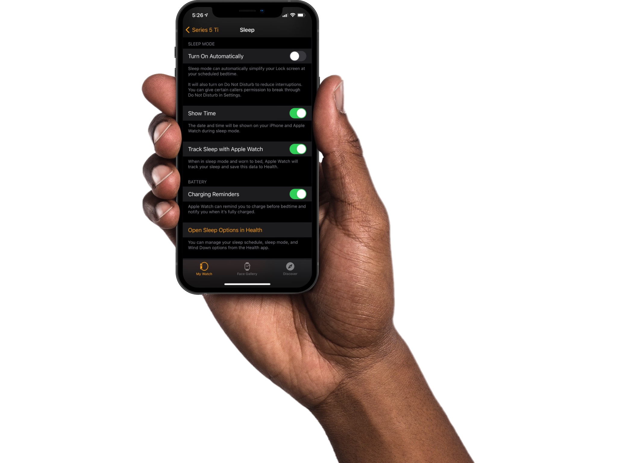 Un'illustrazione che mostra una mano maschile che tiene un iPhone 12, con la sezione Sleep nell'app Watch associata visualizzata sullo schermo