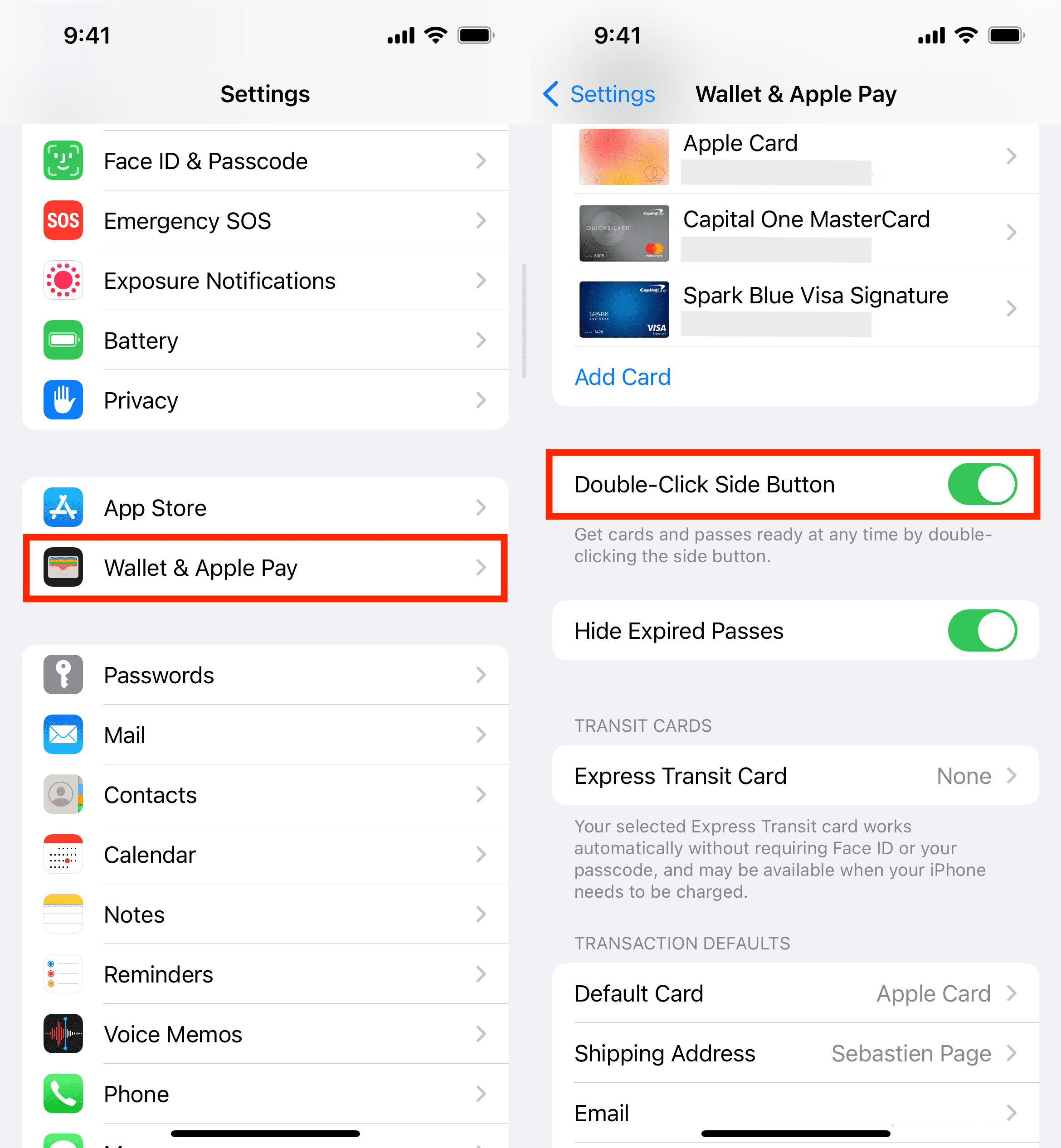 Fai doppio clic sul pulsante laterale nelle impostazioni di Wallet e Apple Pay su iPhone