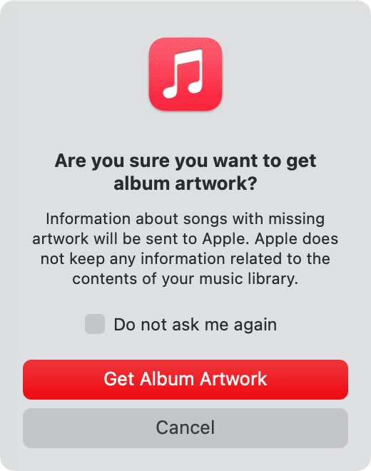 Ottieni la conferma della grafica dell'album nell'app Musica su Mac