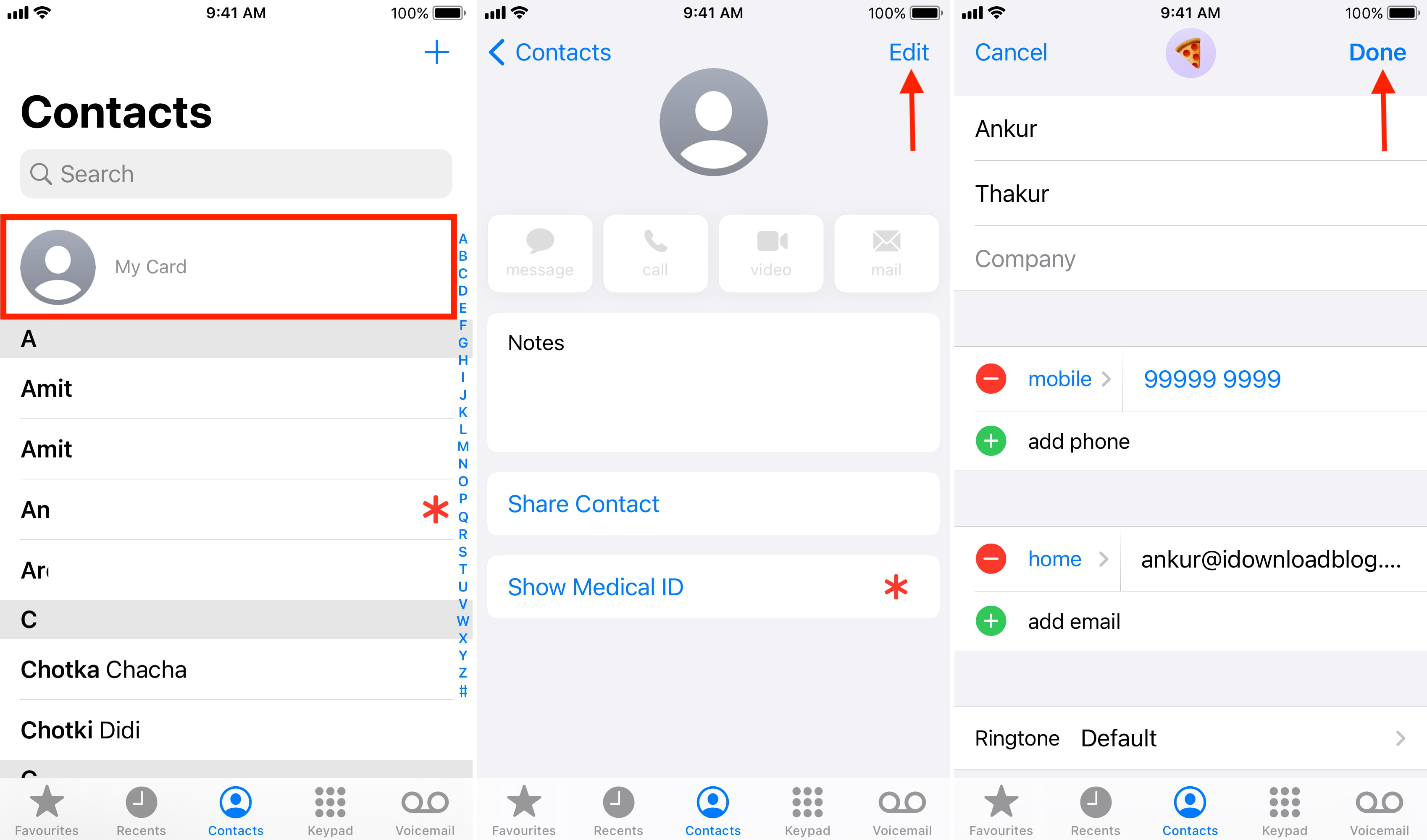 Aggiungere la mia carta nell'app Contatti di iPhone