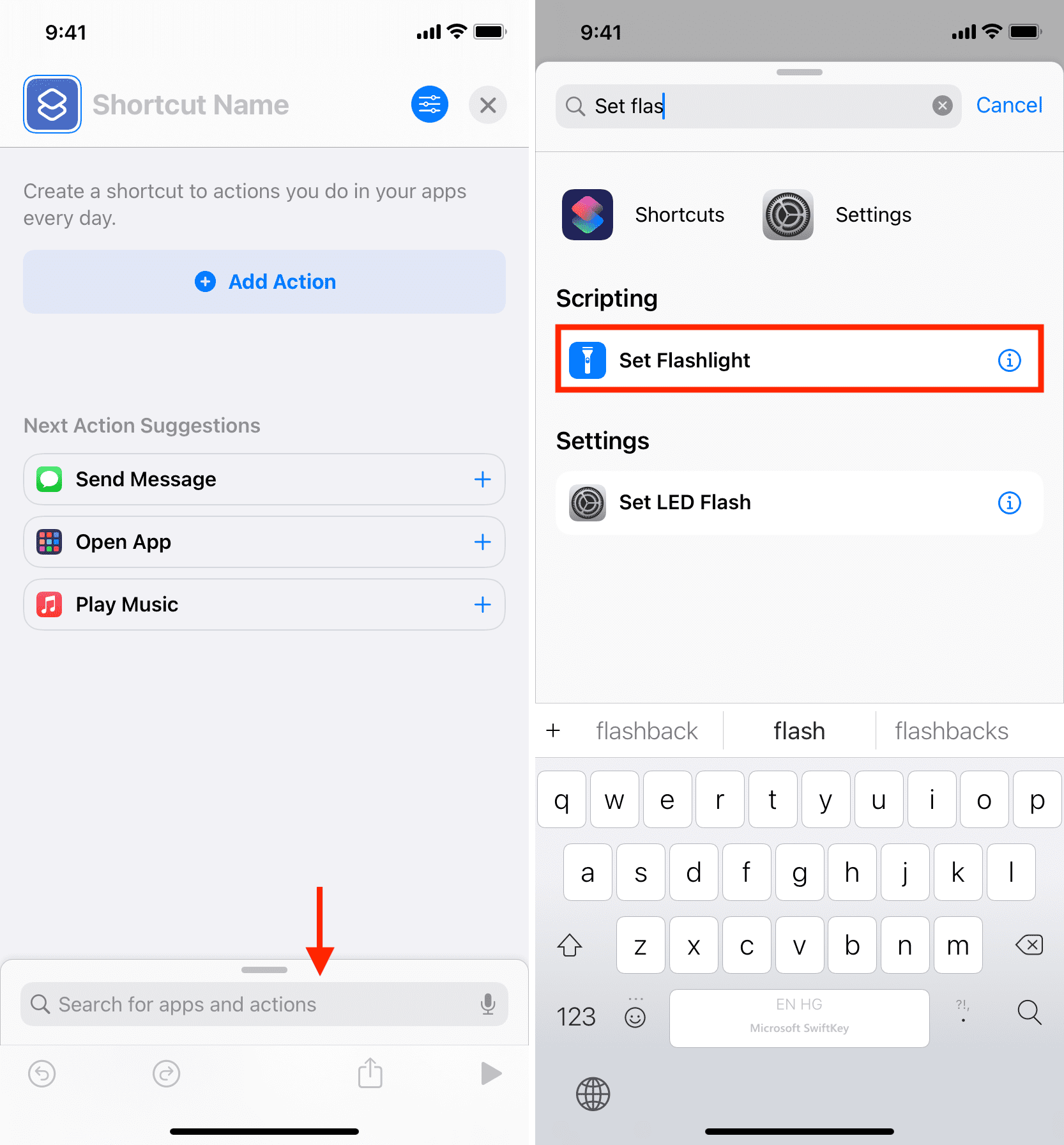 Imposta l'azione Torcia nell'app Scorciatoie