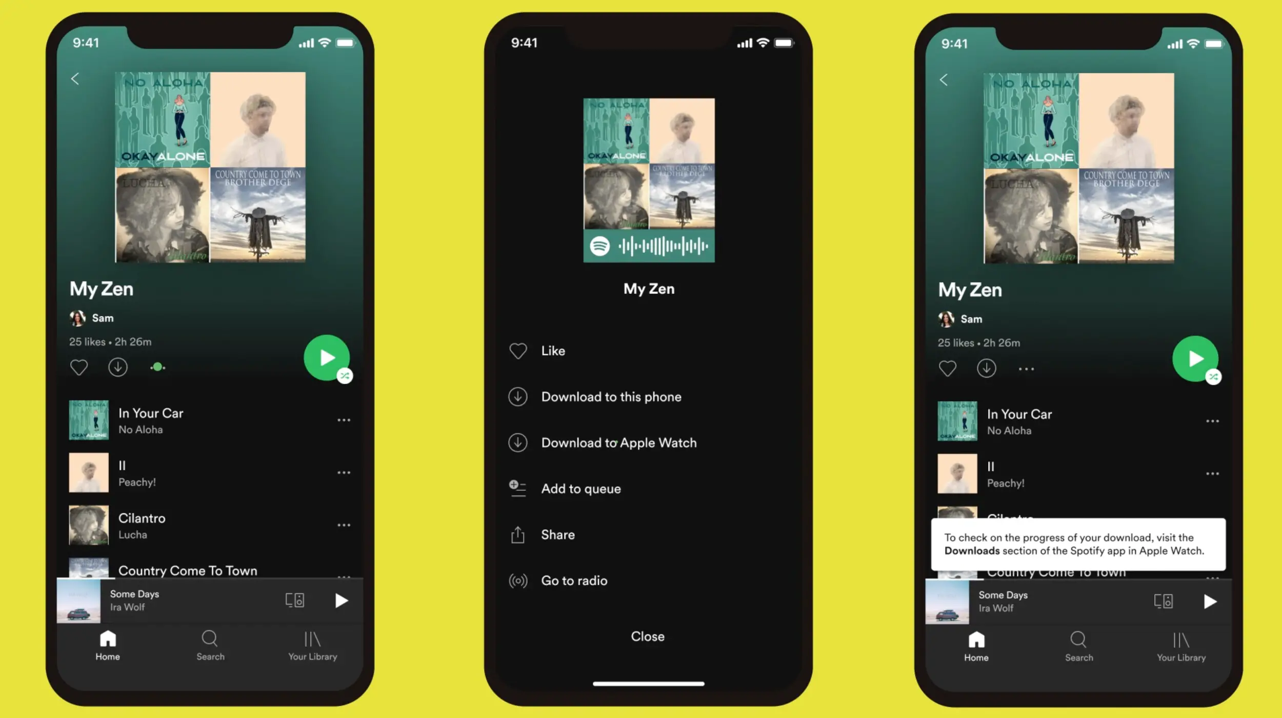 Un'immagine che mostra Spotify per iPhone su sfondo giallo.  L'iPhone viene mostrato con Spotify in modalità offline con il "Aggiungi ad Apple Watch" comando selezionato nell'interfaccia.